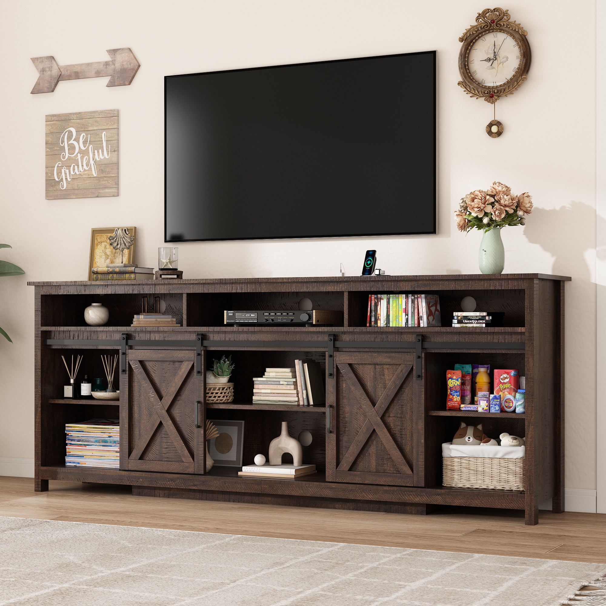 ANPOO Farmhouse TV Stand for 80 inch TVs, Rustic Entertainment Center TV Cabinet Stands with Power Outlets and LED lights