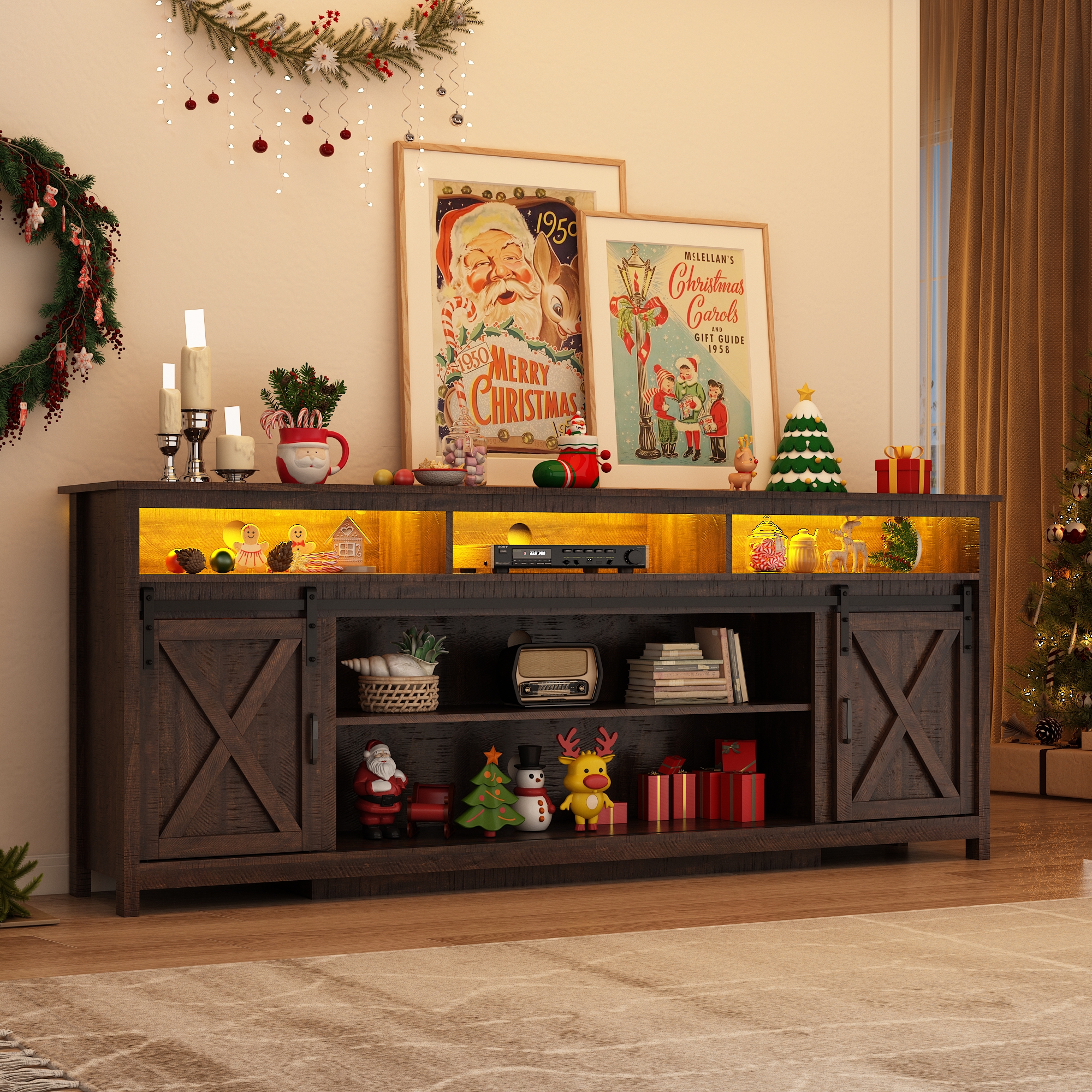 ANPOO Farmhouse TV Stand for 80 inch TVs, Rustic Entertainment Center TV Cabinet Stands with Power Outlets and LED lights