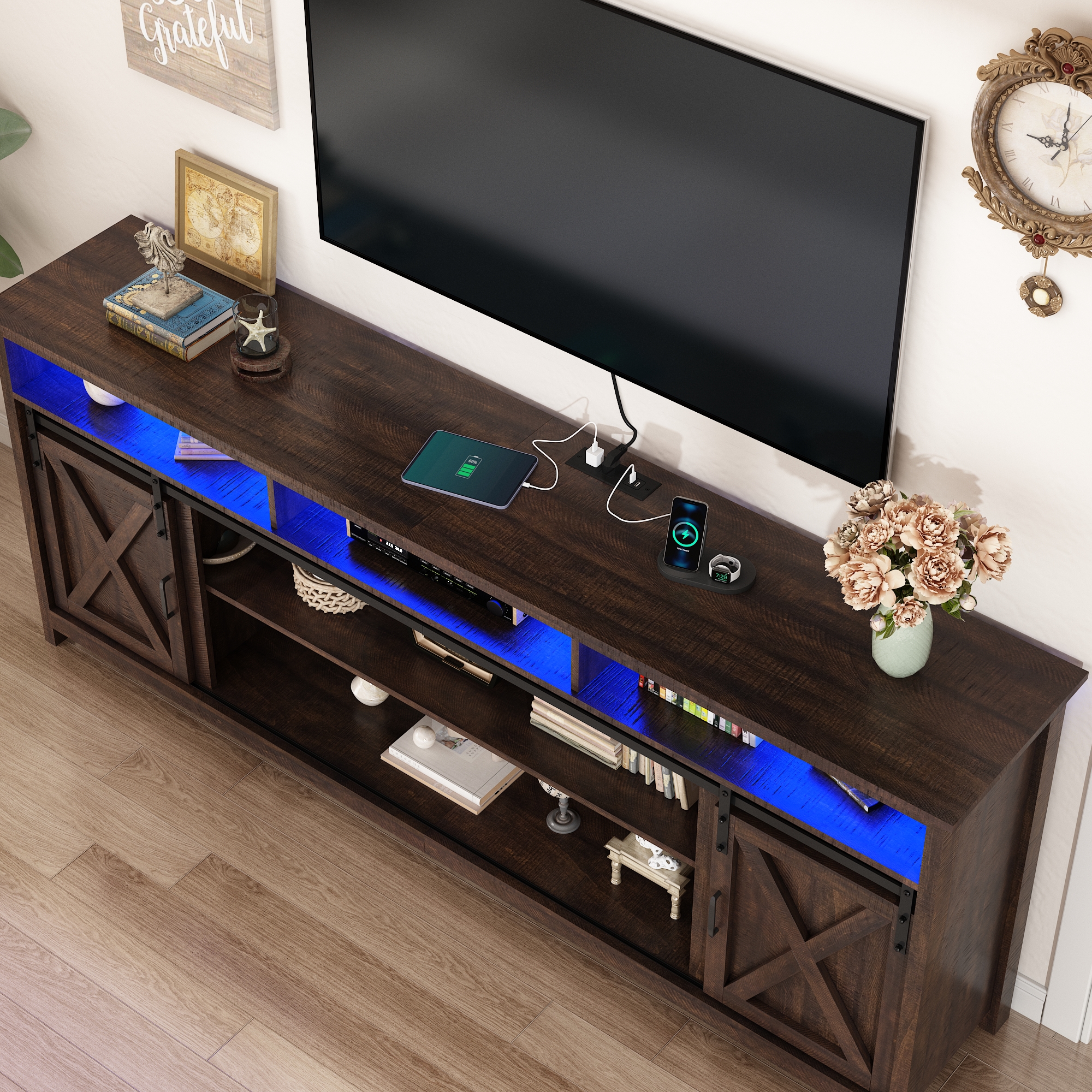 ANPOO Farmhouse TV Stand for 80 inch TVs, Rustic Entertainment Center TV Cabinet Stands with Power Outlets and LED lights