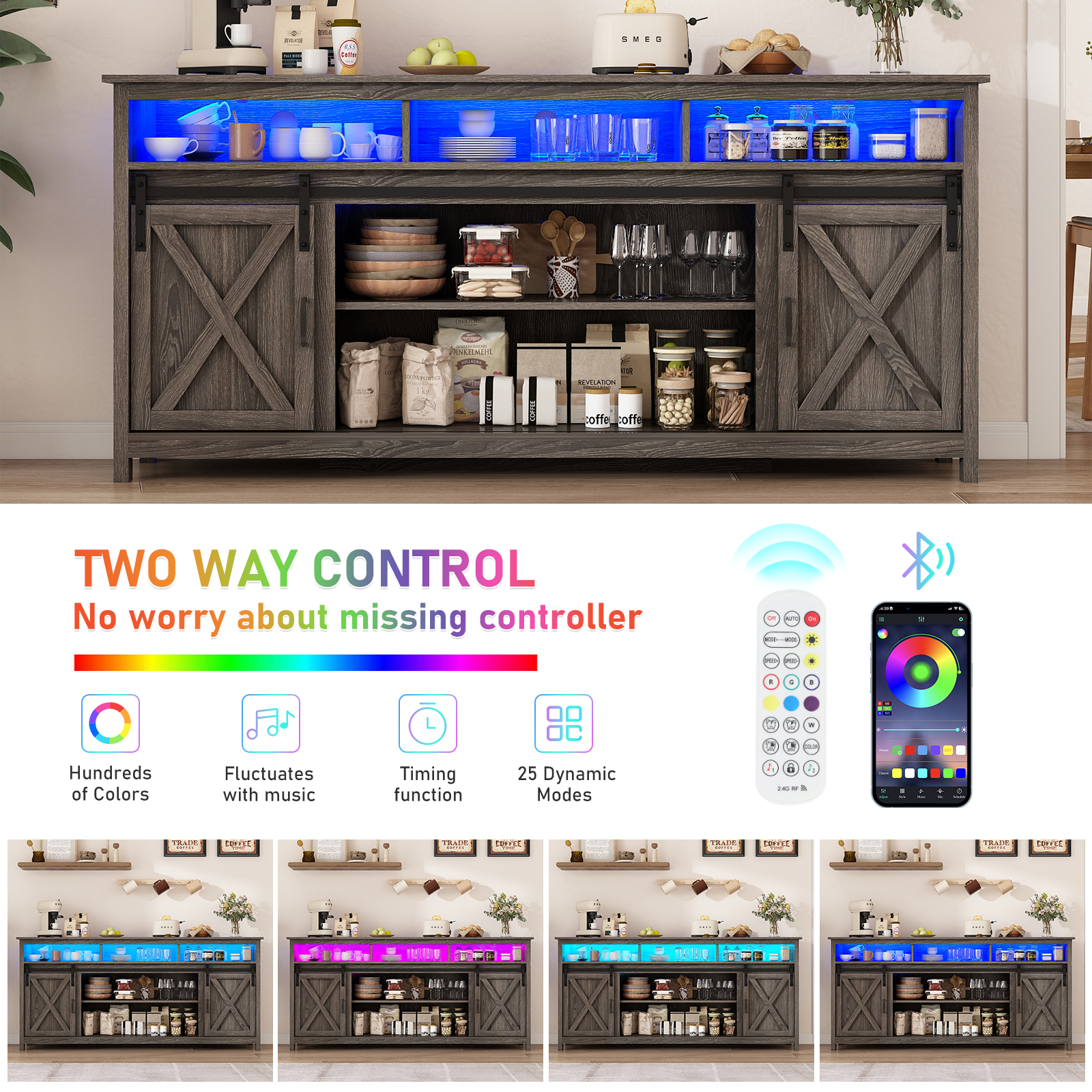 ChVans Farmhouse Barn Door TV Cabinet Up to 90" TV Media Console with Open Shelves Adjustable Storage, Entertainment Center with Power Outlets and LED light