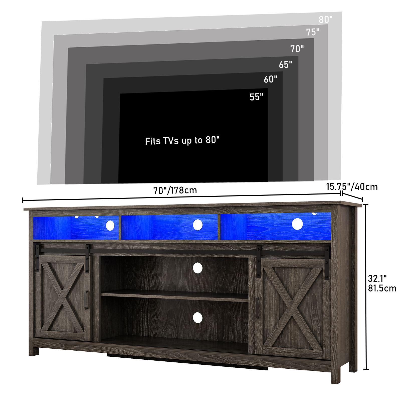 ChVans Farmhouse Barn Door TV Cabinet Up to 90" TV Media Console with Open Shelves Adjustable Storage, Entertainment Center with Power Outlets and LED light