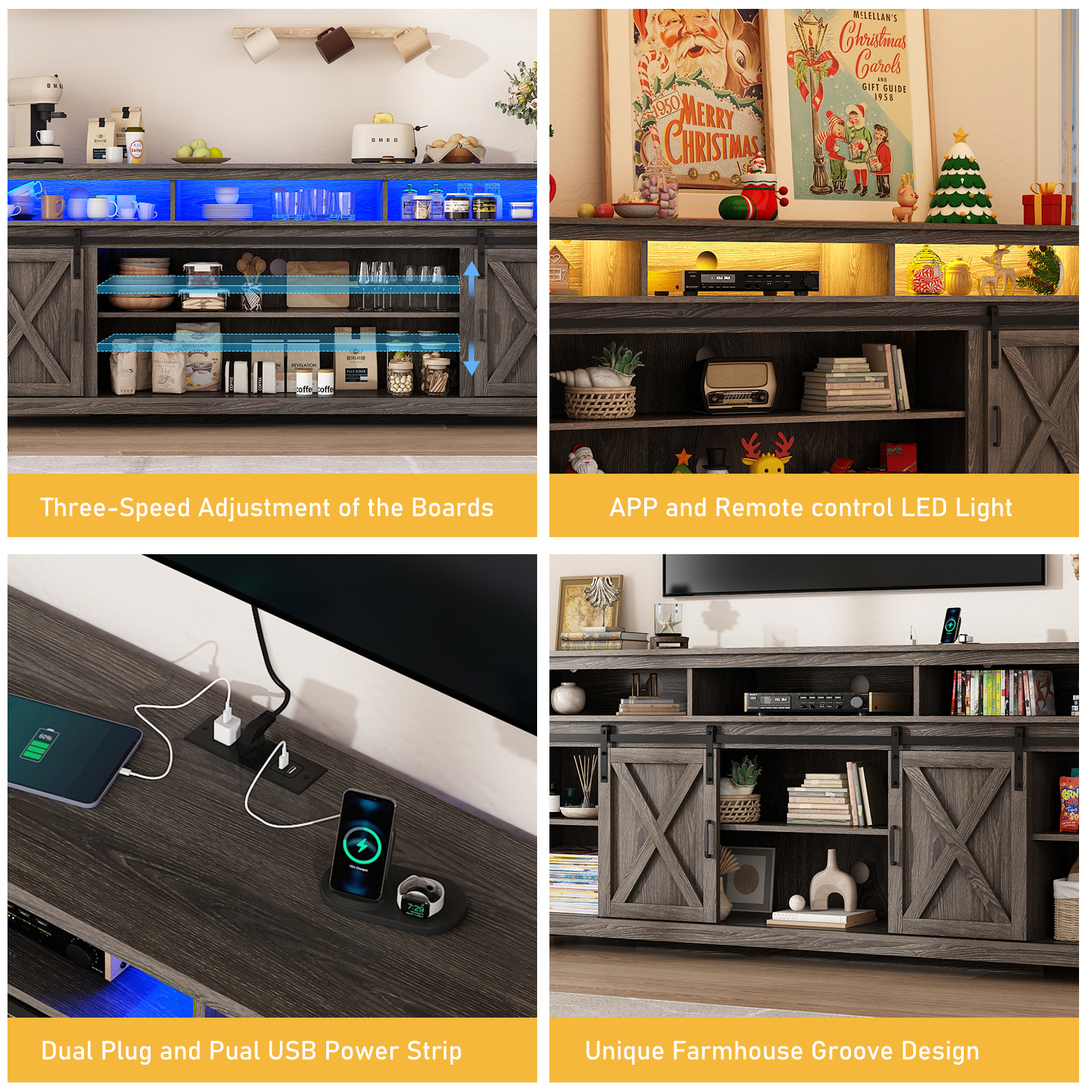 ChVans Farmhouse Barn Door TV Cabinet Up to 90" TV Media Console with Open Shelves Adjustable Storage, Entertainment Center with Power Outlets and LED light