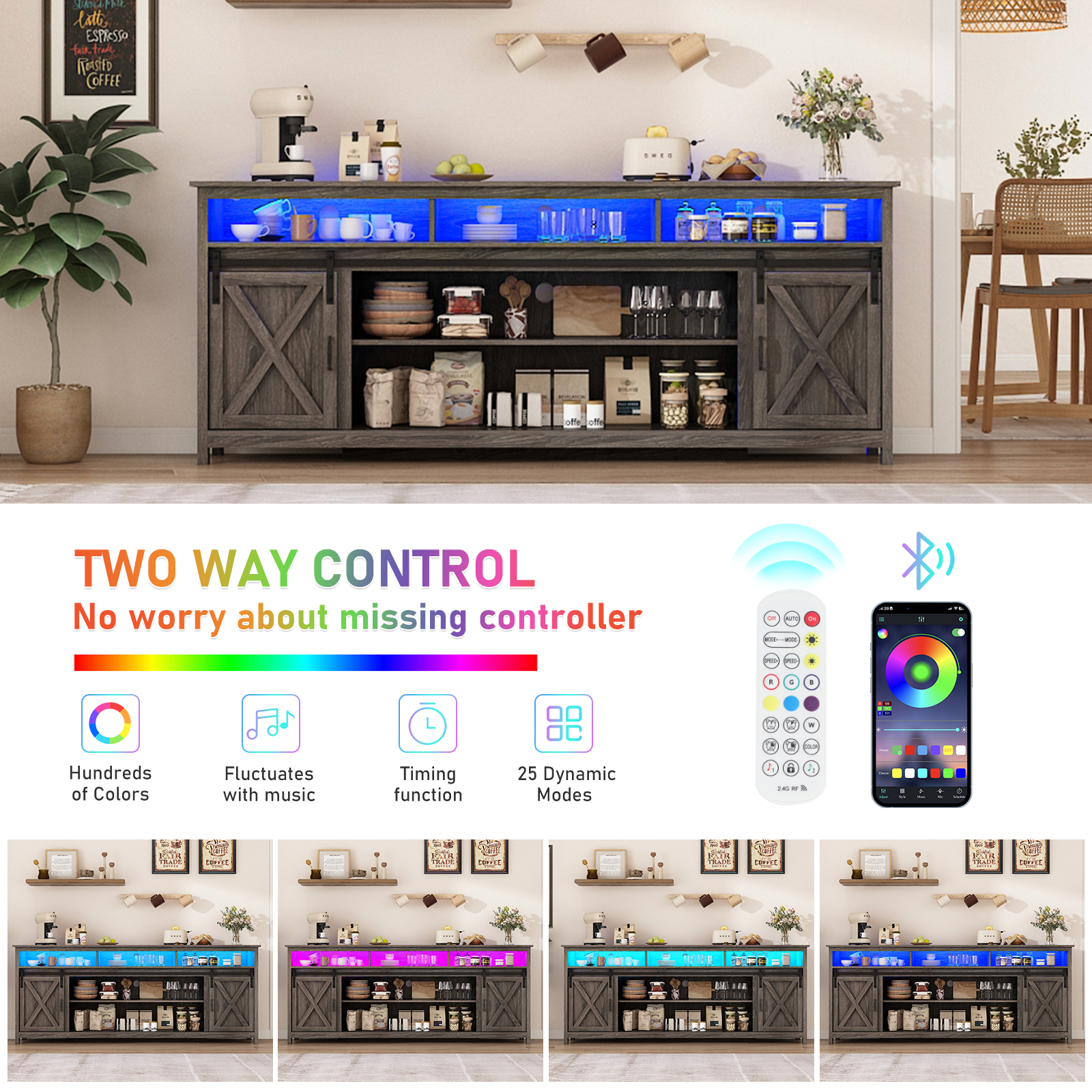 ChVans Farmhouse Barn Door TV Cabinet Up to 90" TV Media Console with Open Shelves Adjustable Storage, Entertainment Center with Power Outlets and LED light