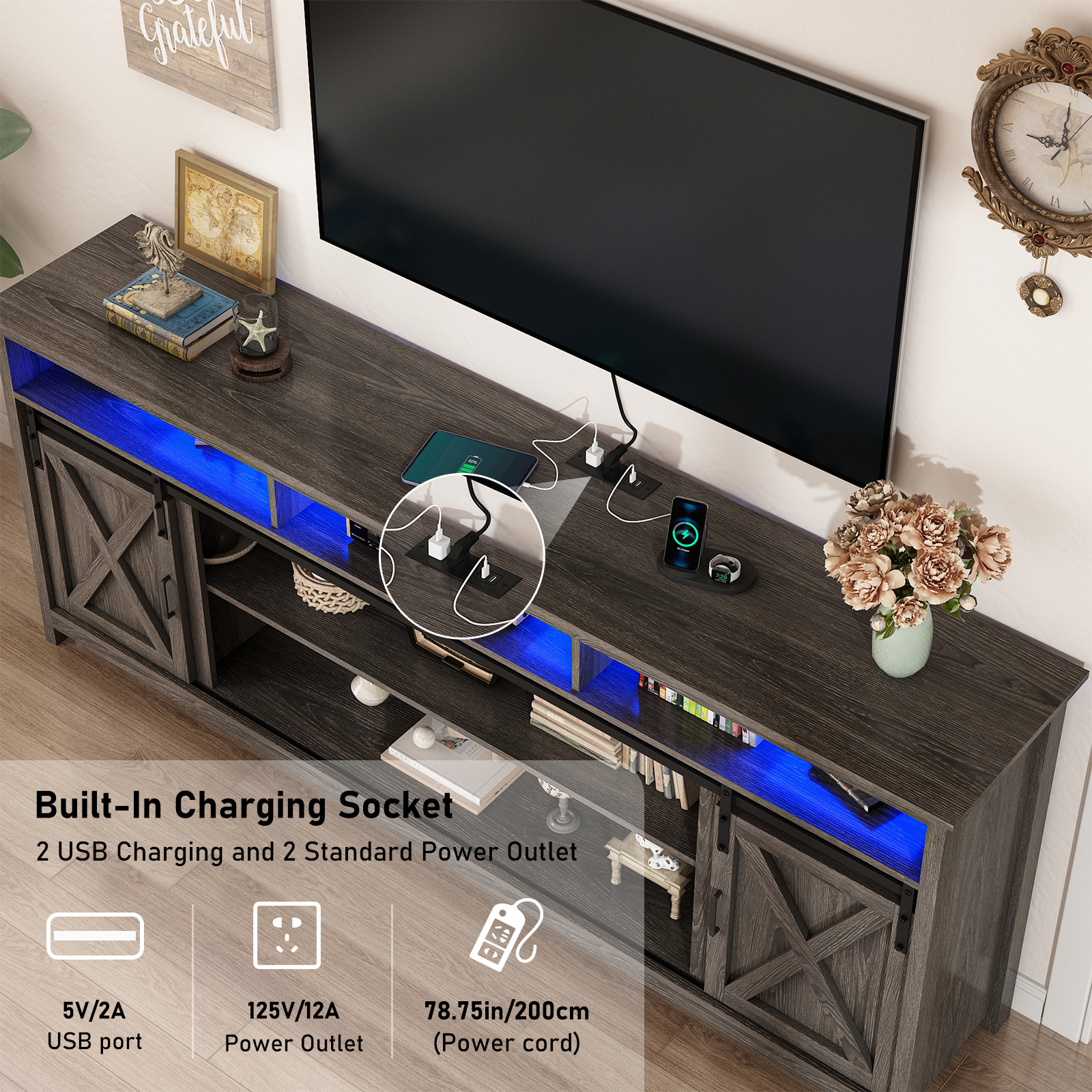 ChVans Farmhouse Barn Door TV Cabinet Up to 90" TV Media Console with Open Shelves Adjustable Storage, Entertainment Center with Power Outlets and LED light