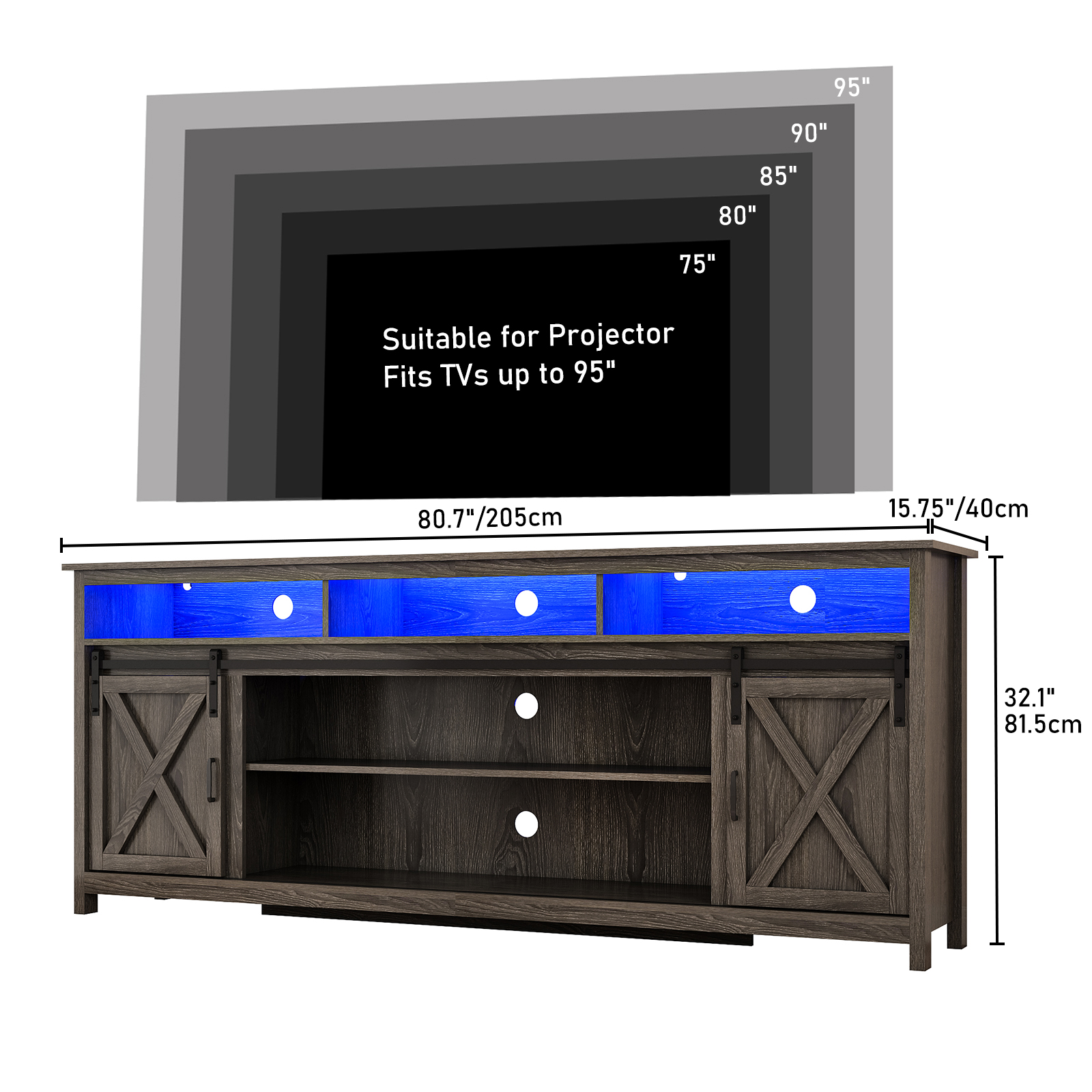 ChVans Farmhouse Barn Door TV Cabinet Up to 90" TV Media Console with Open Shelves Adjustable Storage, Entertainment Center with Power Outlets and LED light