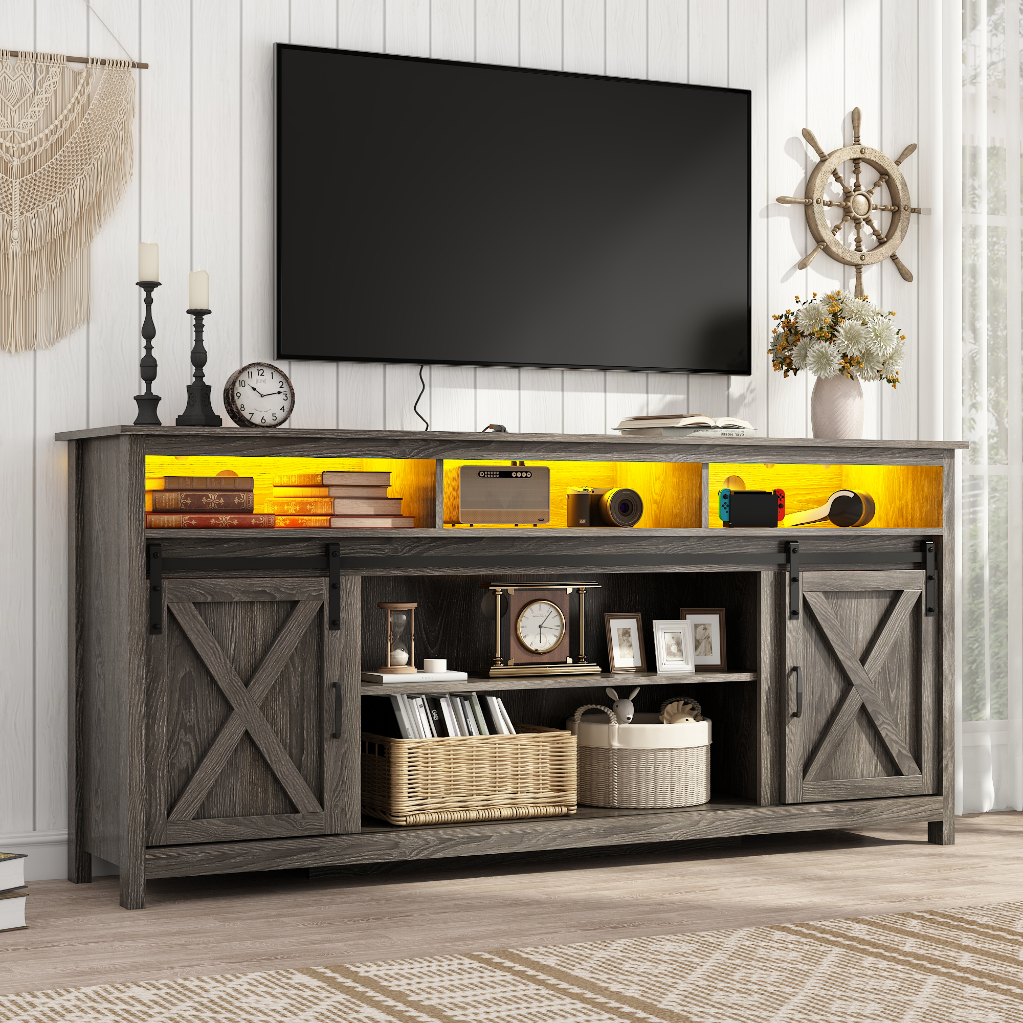 ANPOO Farmhouse TV Stand for 80 inch TVs, Rustic Entertainment Center TV Cabinet Stands with Power Outlets and LED lights