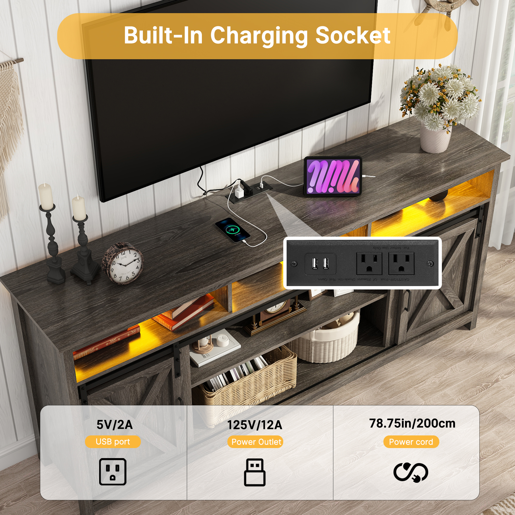 ANPOO Farmhouse TV Stand for 80 inch TVs, Rustic Entertainment Center TV Cabinet Stands with Power Outlets and LED lights