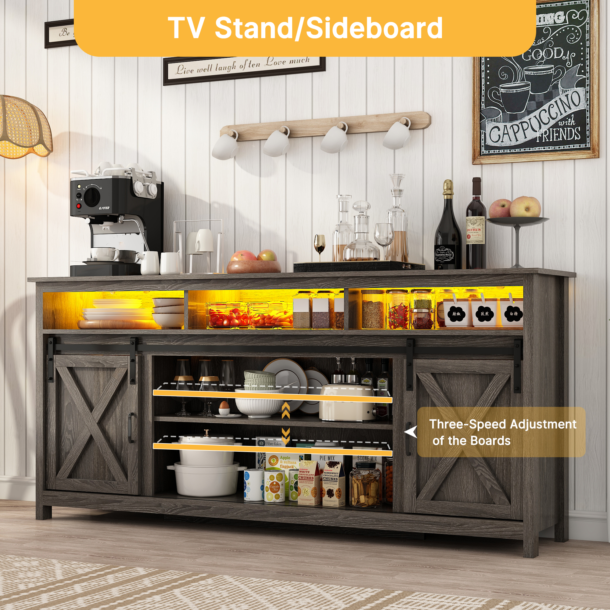 ANPOO Farmhouse TV Stand for 80 inch TVs, Rustic Entertainment Center TV Cabinet Stands with Power Outlets and LED lights