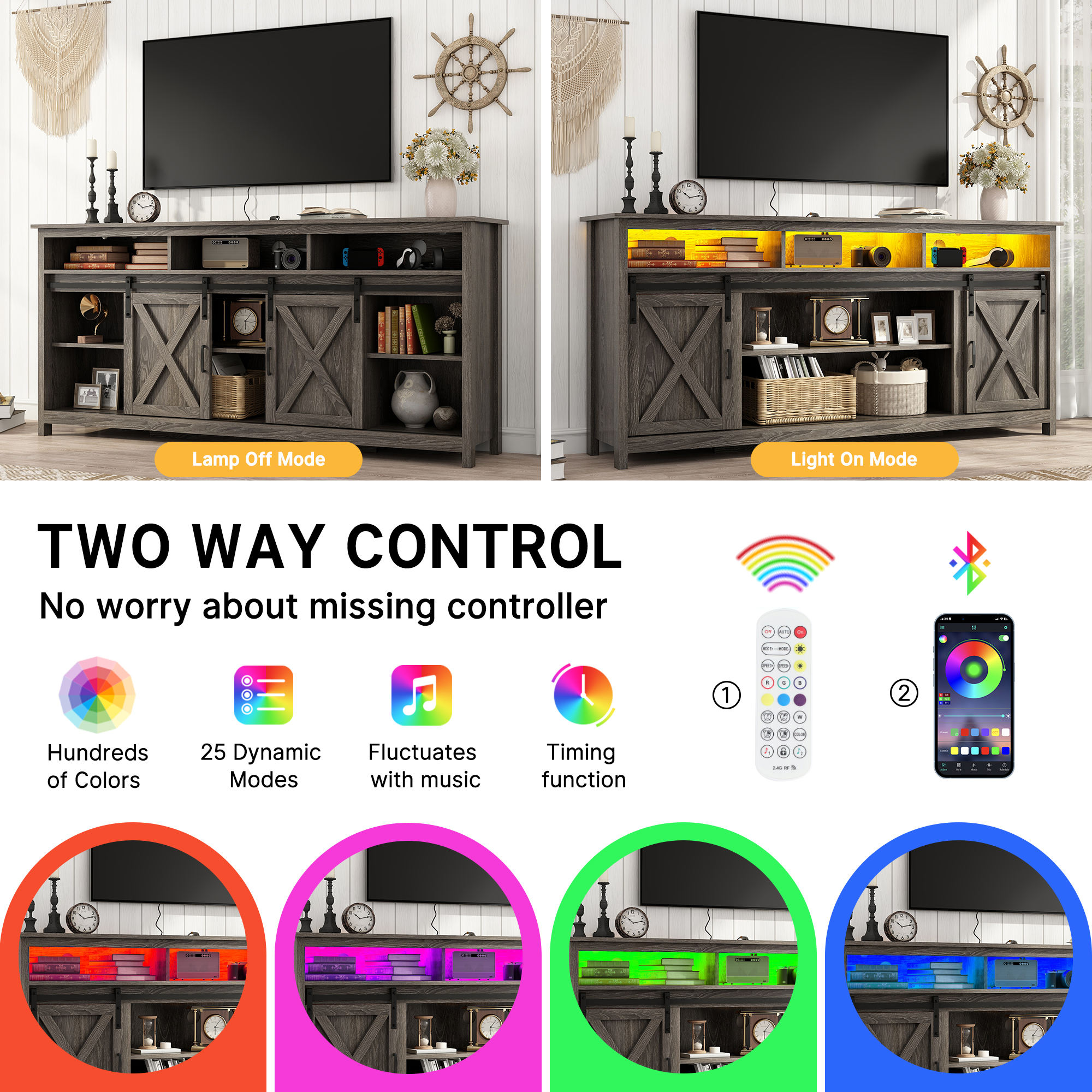 ANPOO Farmhouse TV Stand for 80 inch TVs, Rustic Entertainment Center TV Cabinet Stands with Power Outlets and LED lights