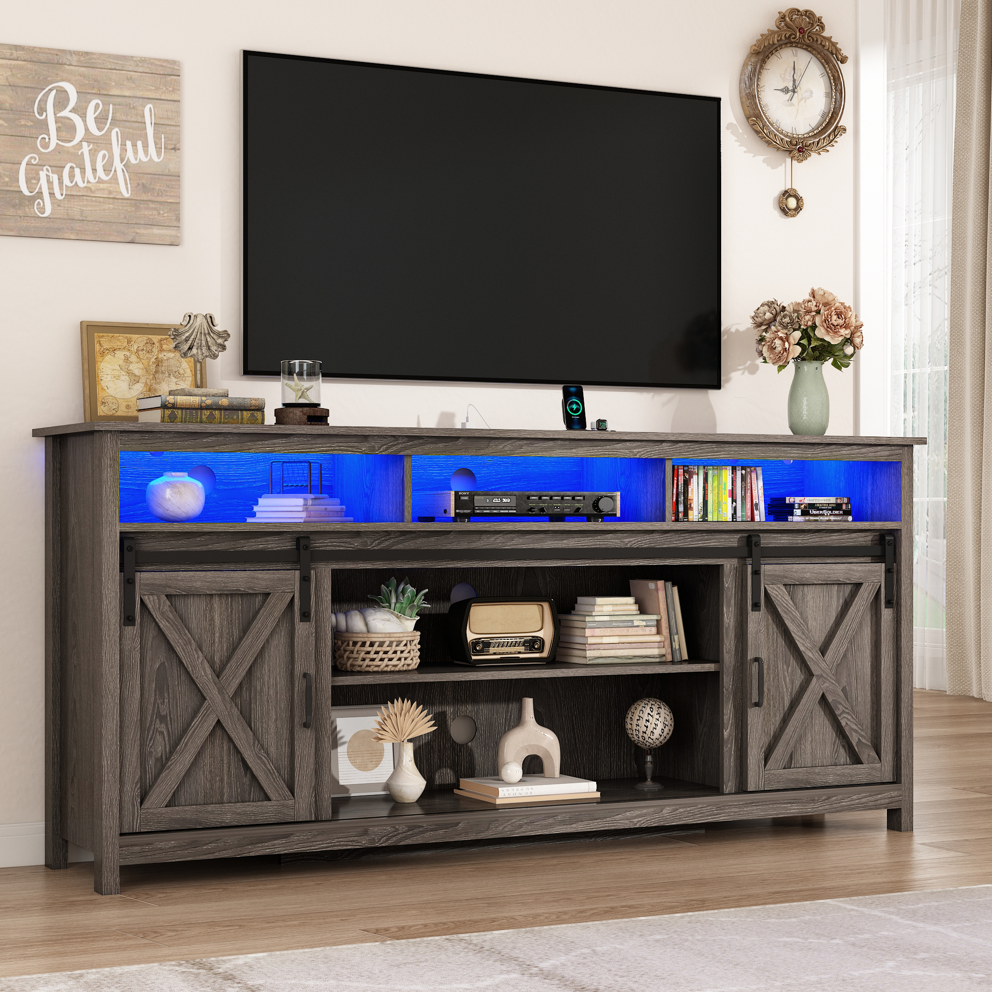 ChVans Farmhouse Barn Door TV Cabinet Up to 90" TV Media Console with Open Shelves Adjustable Storage, Entertainment Center with Power Outlets and LED light