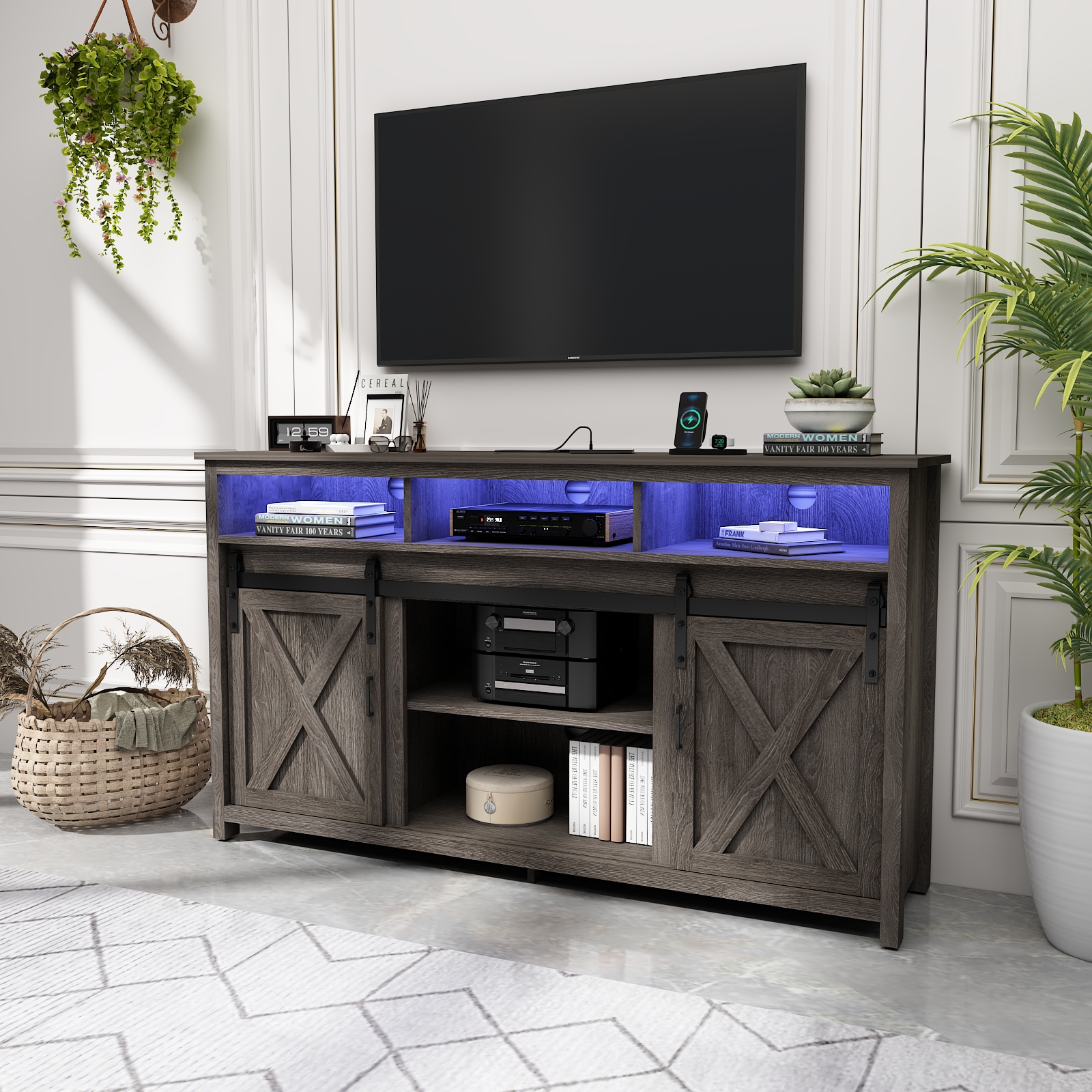 ANPOO Farmhouse TV Stand for 65 inch TVs, Rustic Entertainment Center TV Cabinet Stands with Power Outlets and LED lights