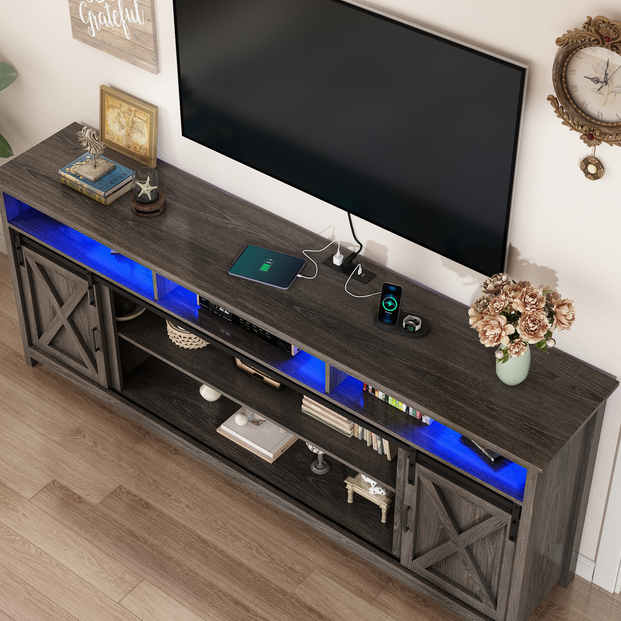 ChVans Farmhouse Barn Door TV Cabinet Up to 90" TV Media Console with Open Shelves Adjustable Storage, Entertainment Center with Power Outlets and LED light