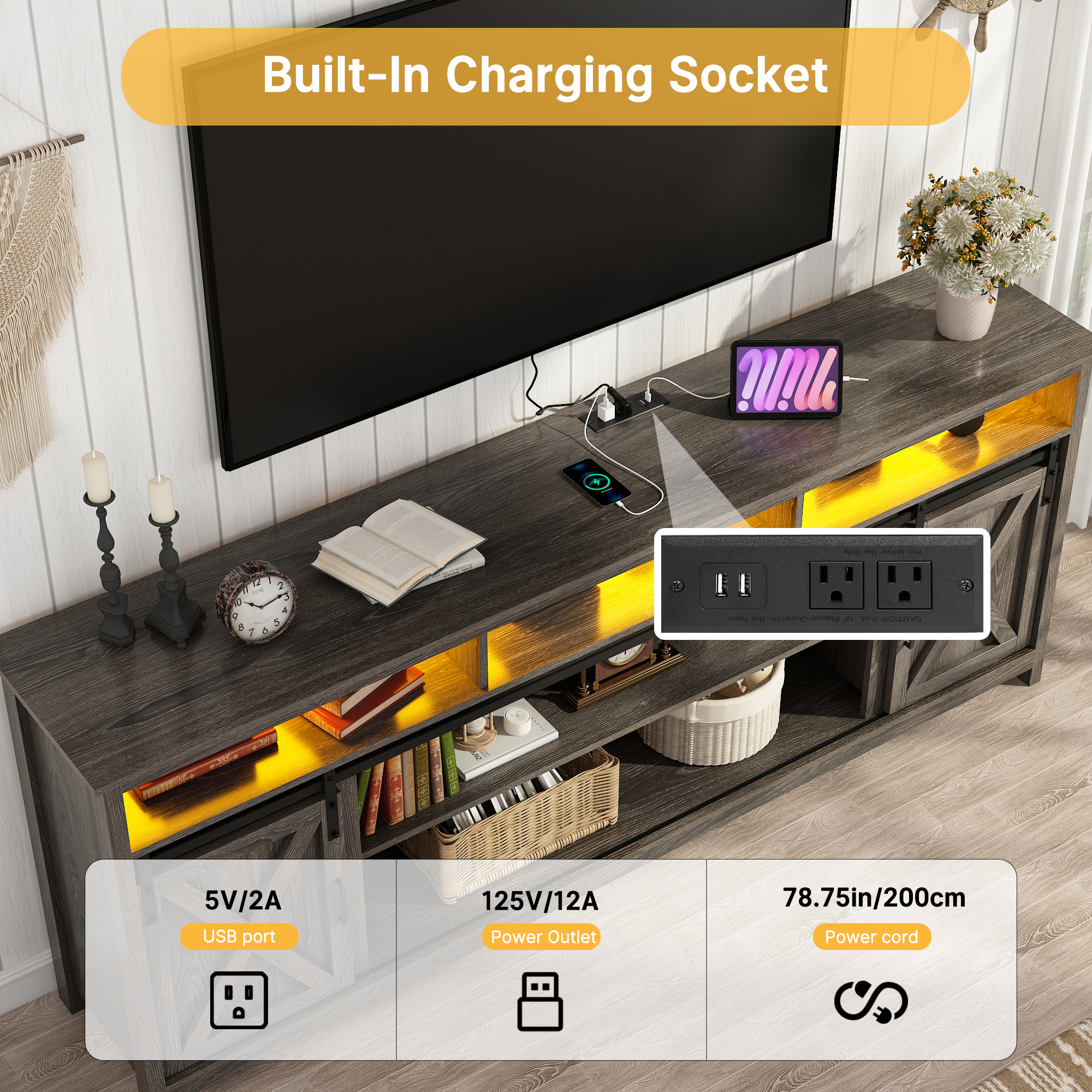 ANPOO Farmhouse TV Stand for 80 inch TVs, Rustic Entertainment Center TV Cabinet Stands with Power Outlets and LED lights