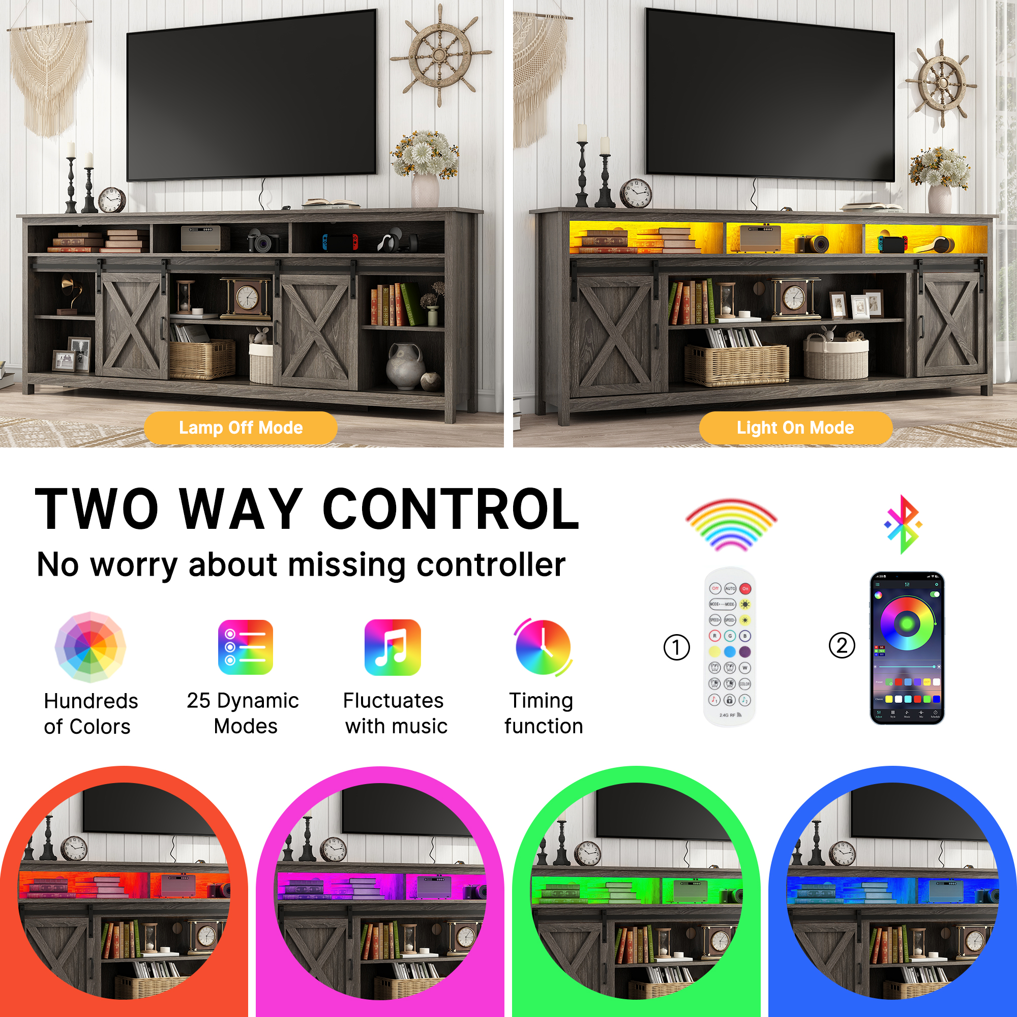 ANPOO Farmhouse TV Stand for 80 inch TVs, Rustic Entertainment Center TV Cabinet Stands with Power Outlets and LED lights