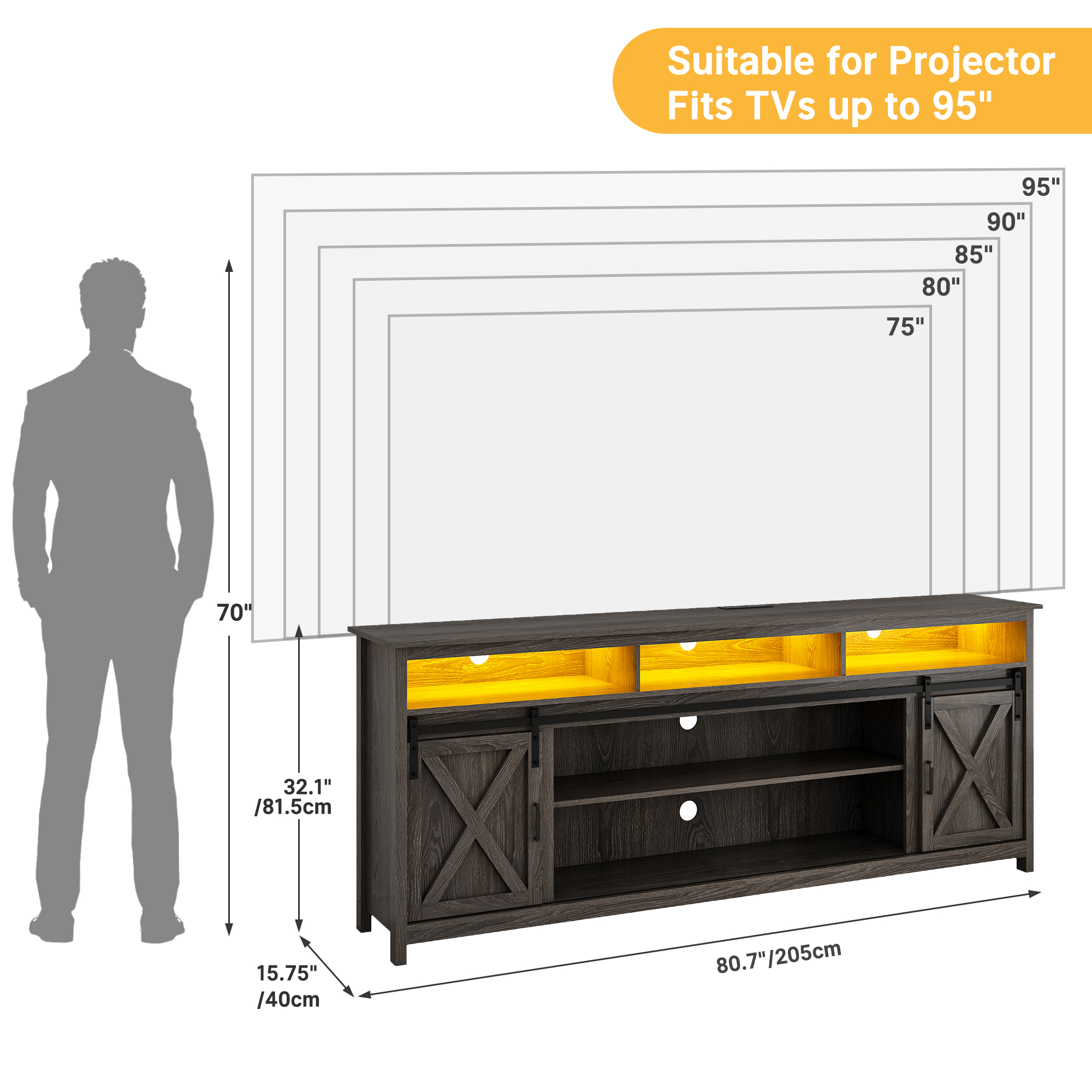 ANPOO Farmhouse TV Stand for 80 inch TVs, Rustic Entertainment Center TV Cabinet Stands with Power Outlets and LED lights