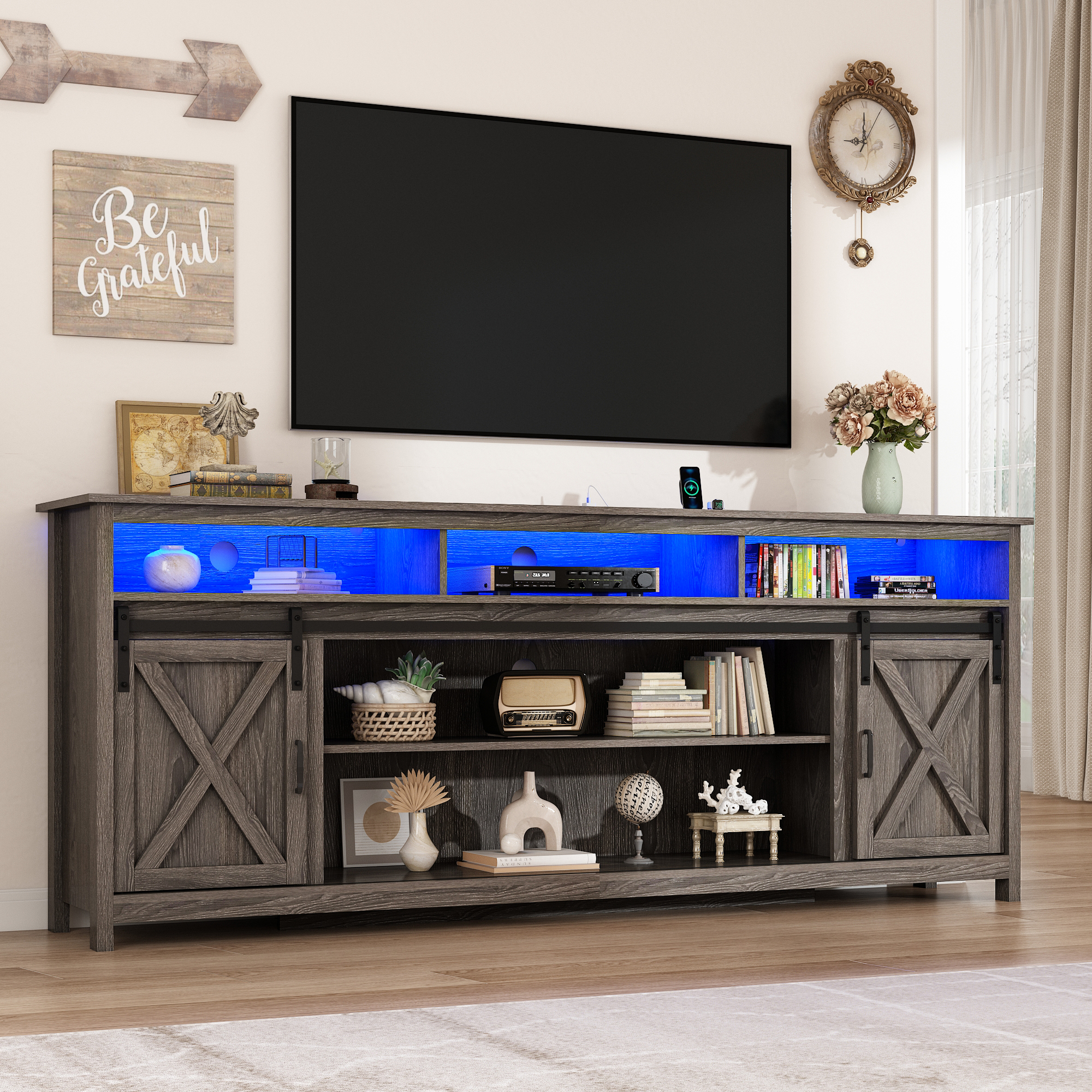 ChVans Farmhouse Barn Door TV Cabinet Up to 90" TV Media Console with Open Shelves Adjustable Storage, Entertainment Center with Power Outlets and LED light
