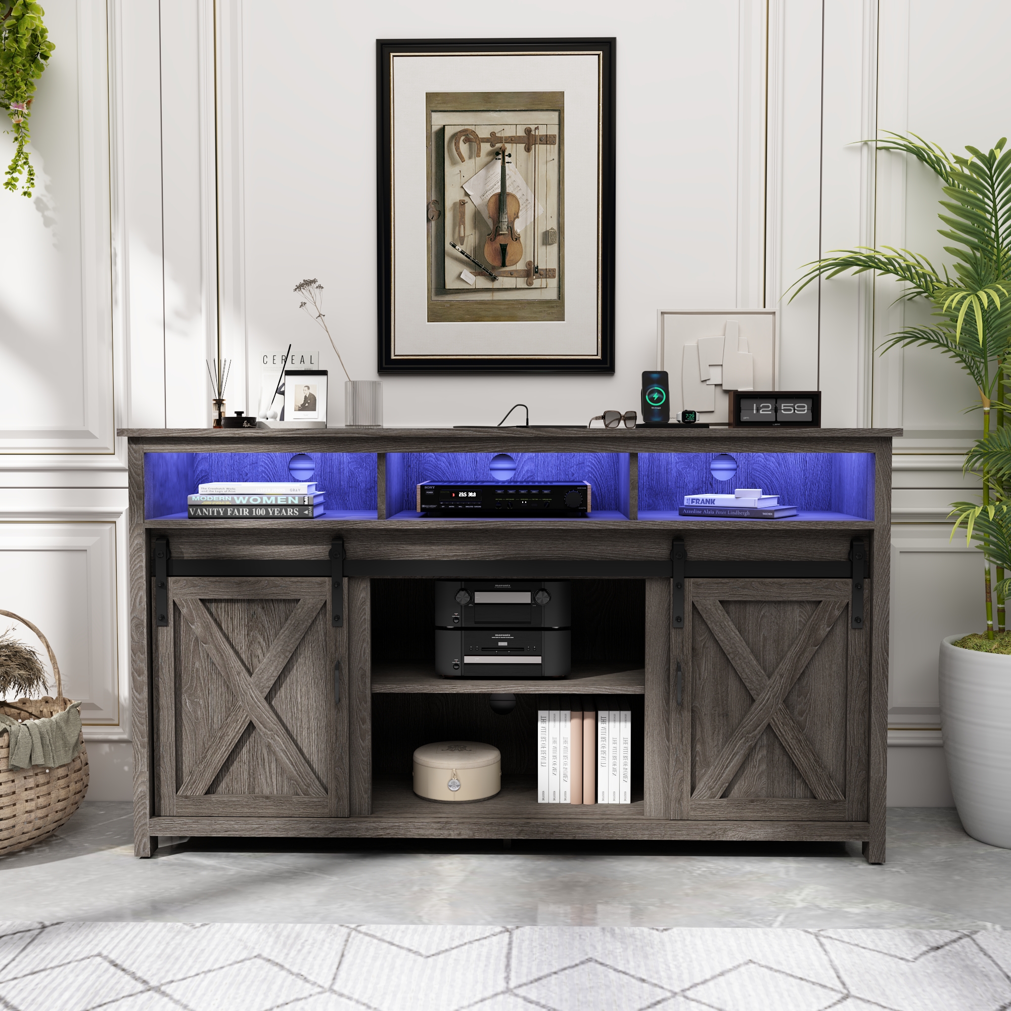 ANPOO Farmhouse TV Stand for 65 inch TVs, Rustic Entertainment Center TV Cabinet Stands with Power Outlets and LED lights