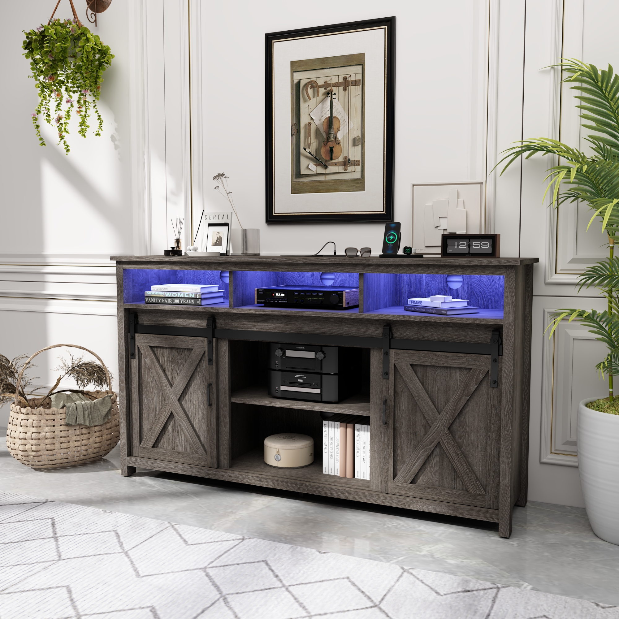 ANPOO Farmhouse TV Stand for 65 inch TVs, Rustic Entertainment Center TV Cabinet Stands with Power Outlets and LED lights