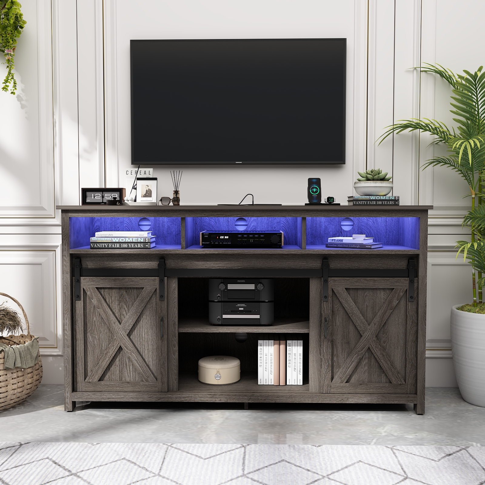 ANPOO Farmhouse TV Stand for 65 inch TVs, Rustic Entertainment Center TV Cabinet Stands with Power Outlets and LED lights
