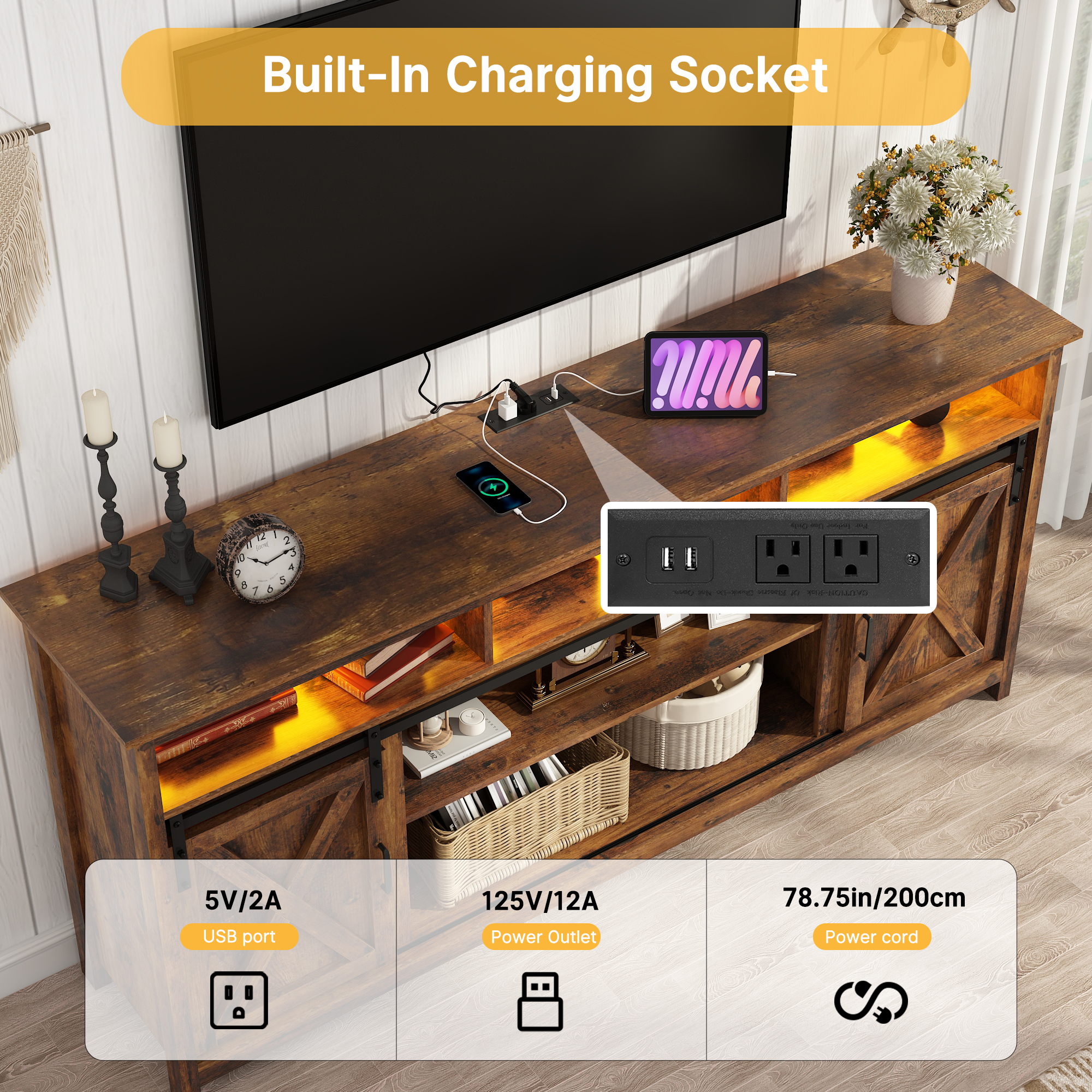 ANPOO Farmhouse TV Stand for 80 inch TVs, Rustic Entertainment Center TV Cabinet Stands with Power Outlets and LED lights