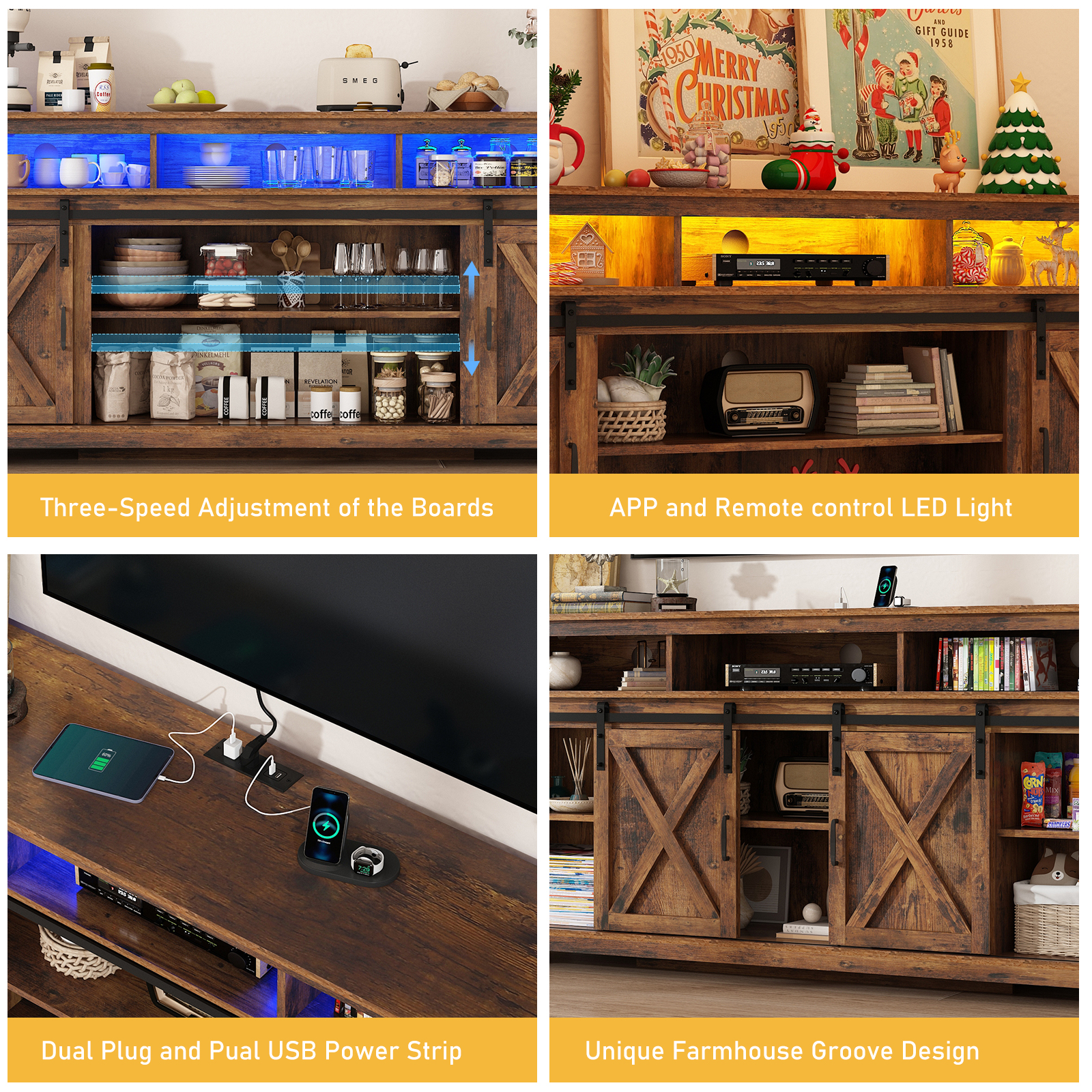 ChVans Farmhouse Barn Door TV Cabinet Up to 90" TV Media Console with Open Shelves Adjustable Storage, Entertainment Center with Power Outlets and LED light