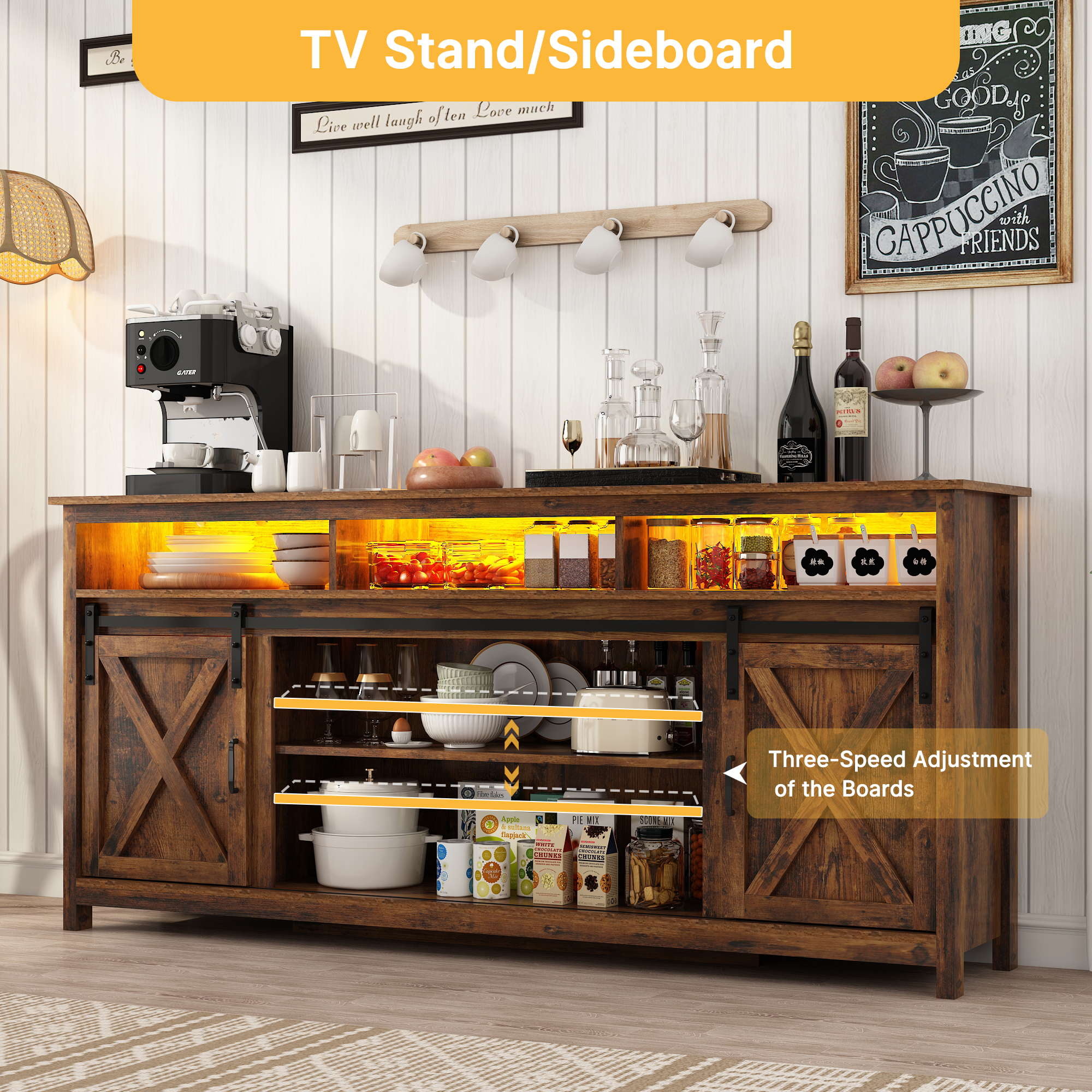 ANPOO Farmhouse TV Stand for 80 inch TVs, Rustic Entertainment Center TV Cabinet Stands with Power Outlets and LED lights