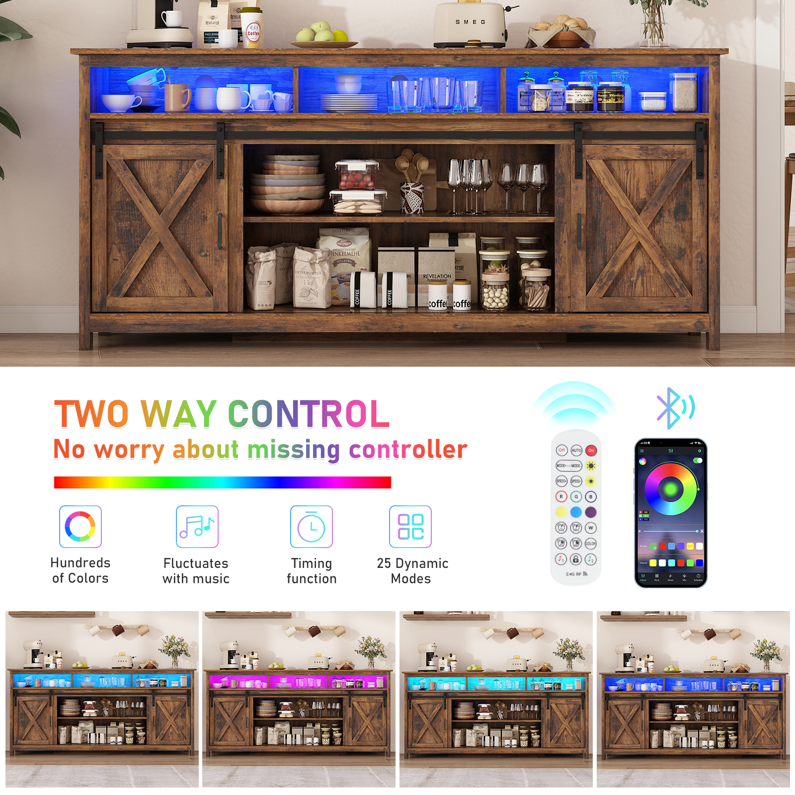 ChVans Farmhouse Barn Door TV Cabinet Up to 90" TV Media Console with Open Shelves Adjustable Storage, Entertainment Center with Power Outlets and LED light