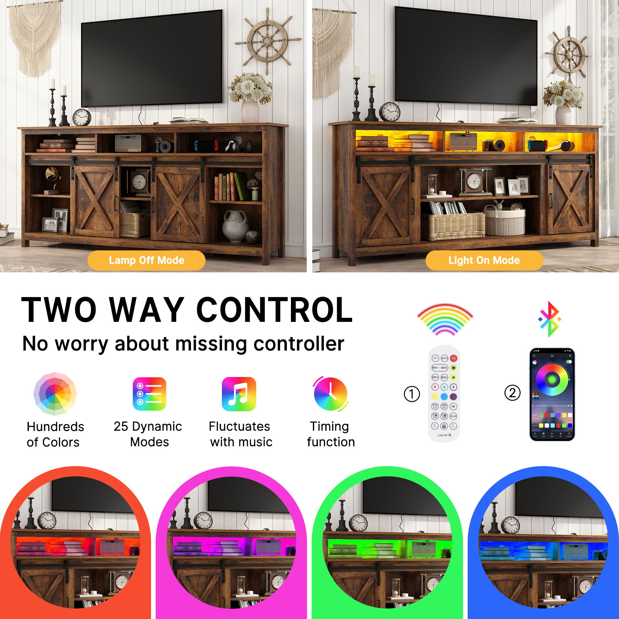 ANPOO Farmhouse TV Stand for 80 inch TVs, Rustic Entertainment Center TV Cabinet Stands with Power Outlets and LED lights