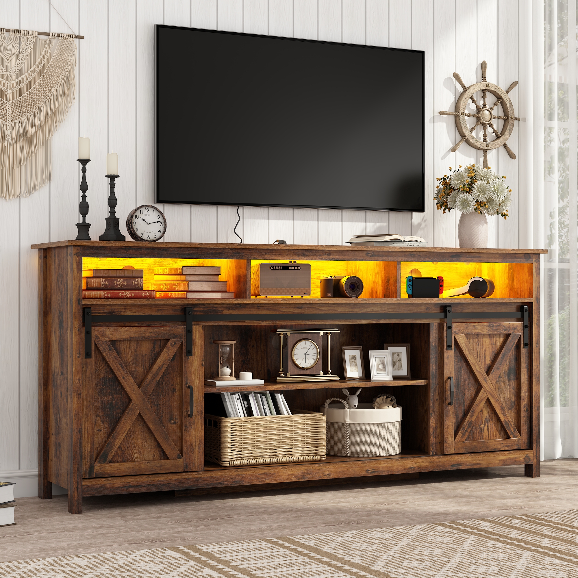 ANPOO Farmhouse TV Stand for 80 inch TVs, Rustic Entertainment Center TV Cabinet Stands with Power Outlets and LED lights