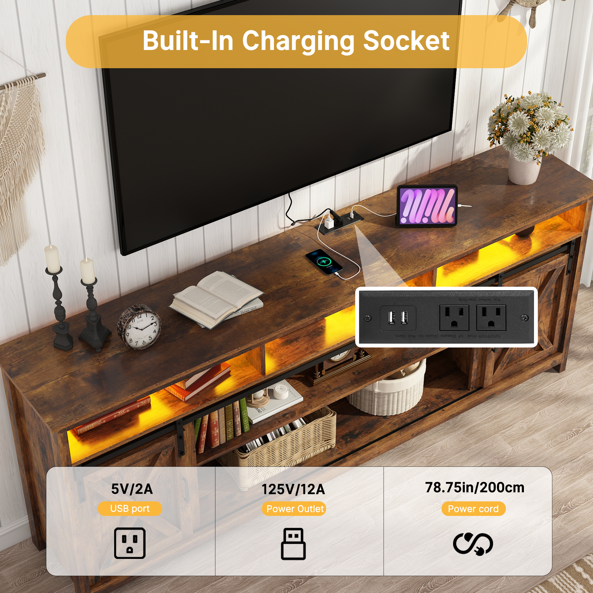 ANPOO Farmhouse TV Stand for 80 inch TVs, Rustic Entertainment Center TV Cabinet Stands with Power Outlets and LED lights