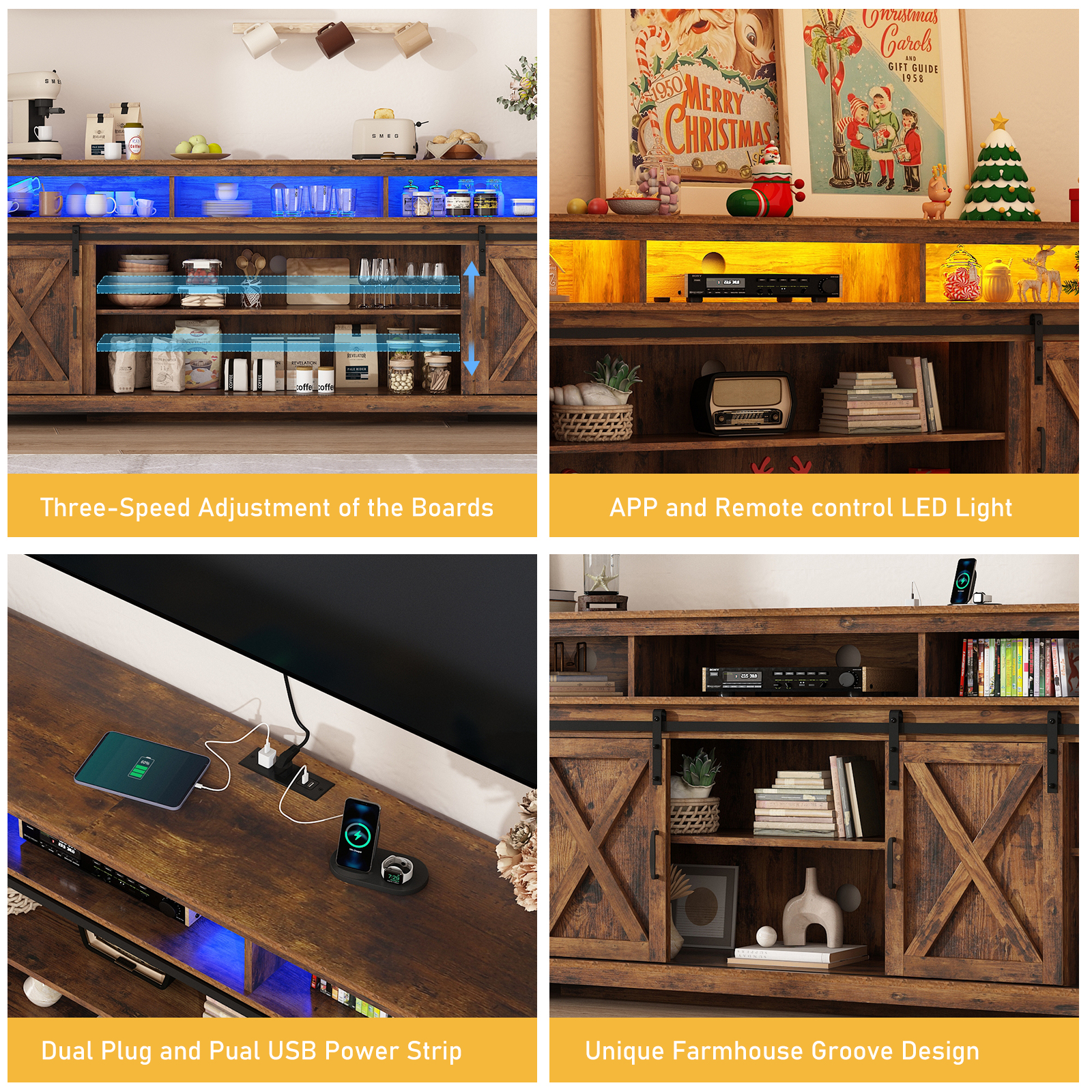 ChVans Farmhouse Barn Door TV Cabinet Up to 90" TV Media Console with Open Shelves Adjustable Storage, Entertainment Center with Power Outlets and LED light