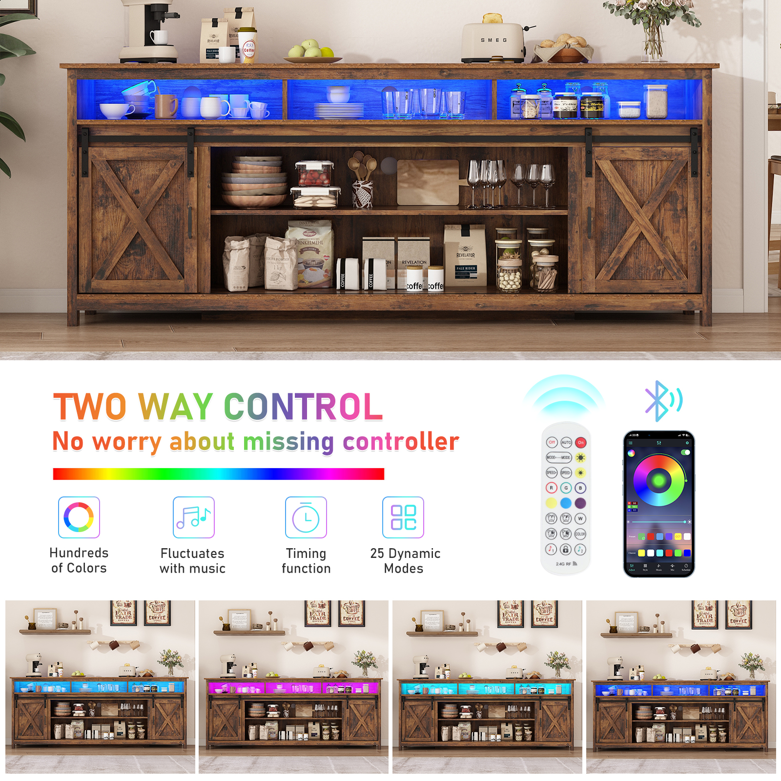 ChVans Farmhouse Barn Door TV Cabinet Up to 90" TV Media Console with Open Shelves Adjustable Storage, Entertainment Center with Power Outlets and LED light