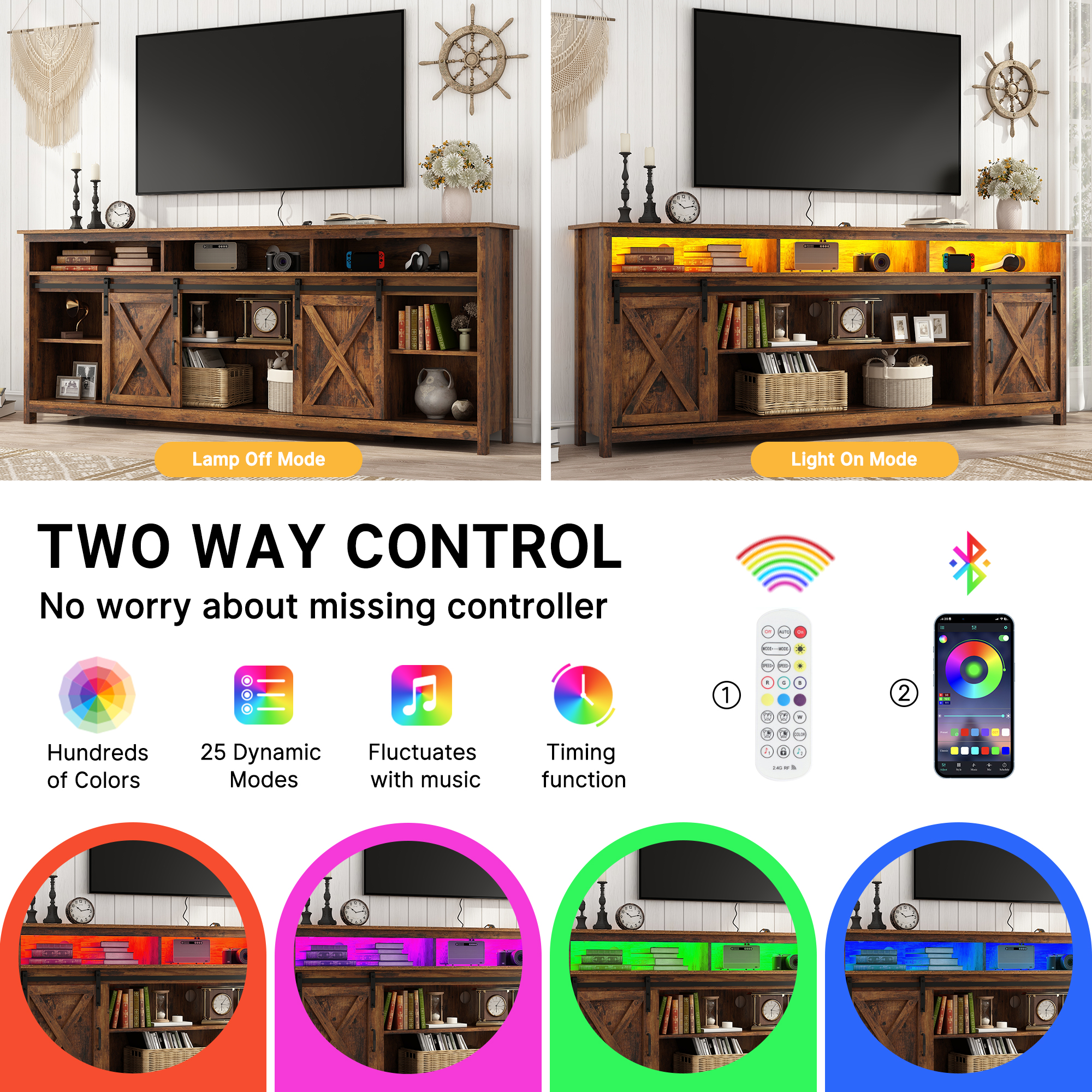 ANPOO Farmhouse TV Stand for 80 inch TVs, Rustic Entertainment Center TV Cabinet Stands with Power Outlets and LED lights