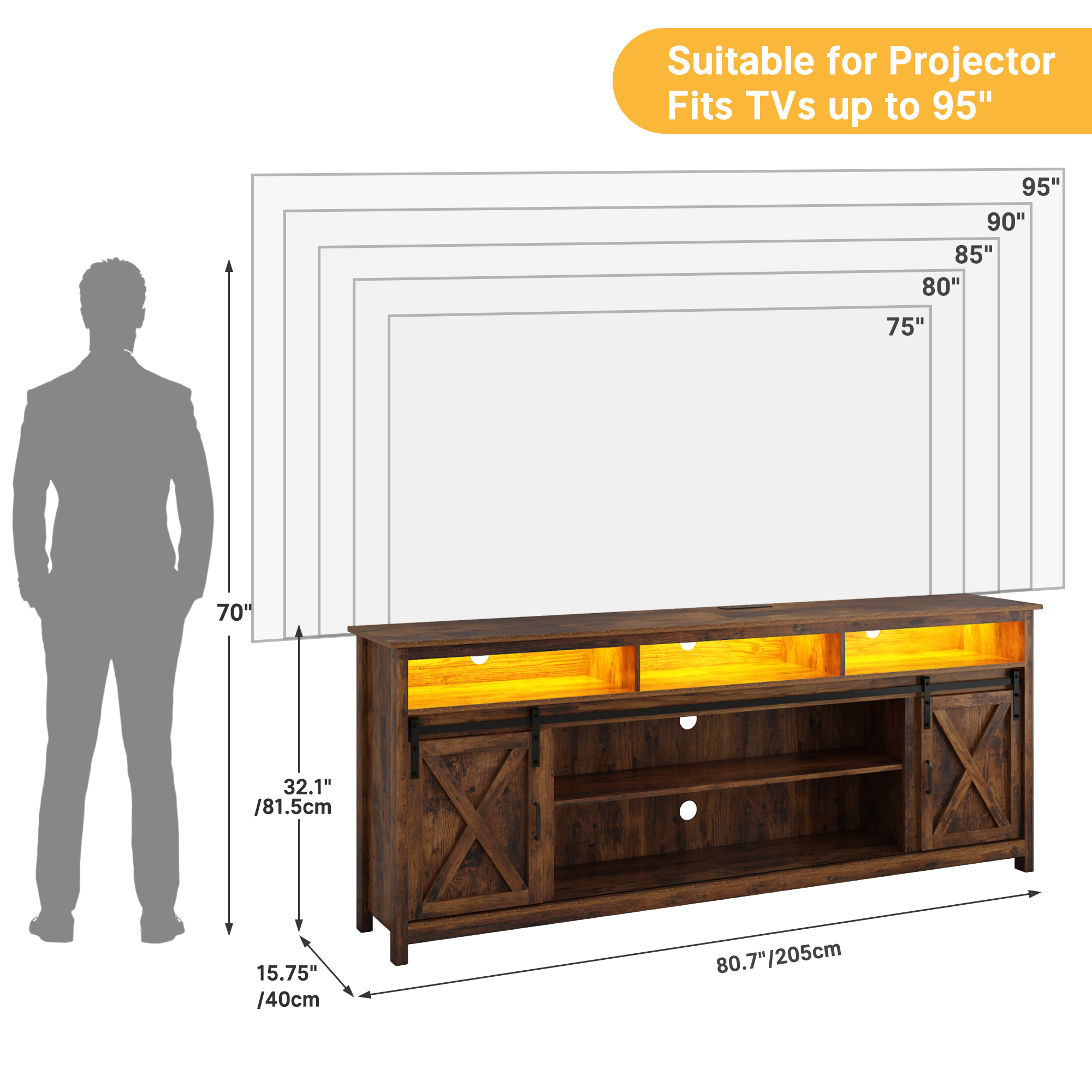 ANPOO Farmhouse TV Stand for 80 inch TVs, Rustic Entertainment Center TV Cabinet Stands with Power Outlets and LED lights