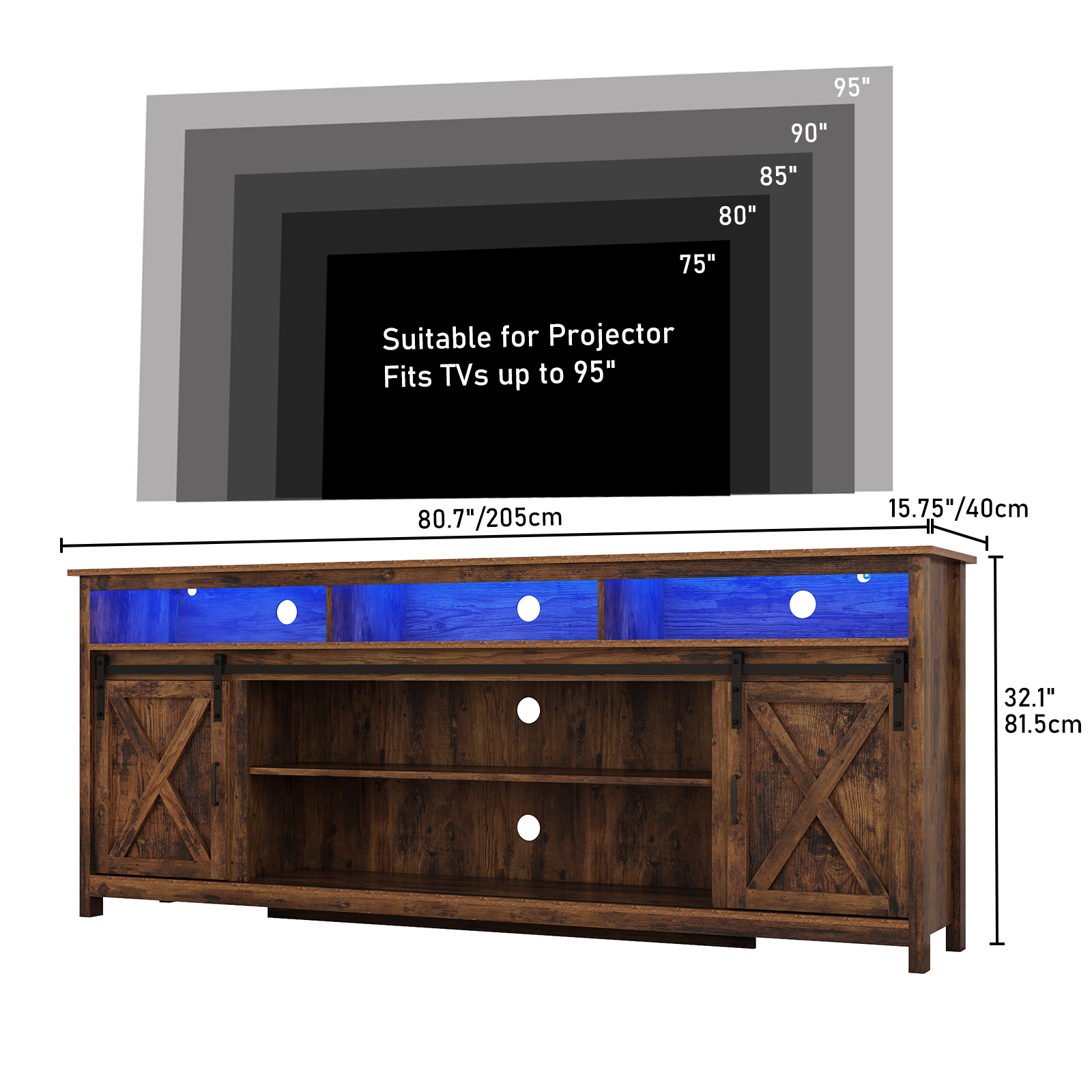 ChVans Farmhouse Barn Door TV Cabinet Up to 90" TV Media Console with Open Shelves Adjustable Storage, Entertainment Center with Power Outlets and LED light