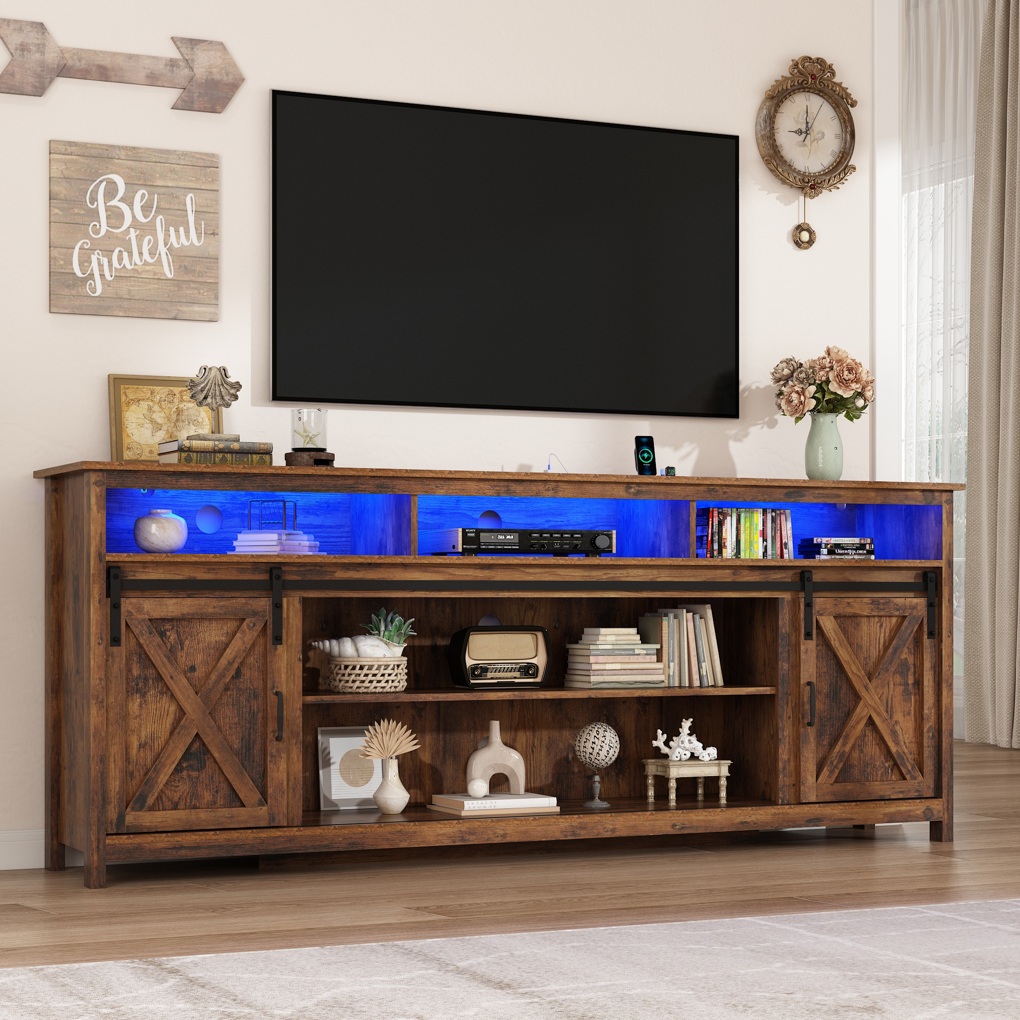 ChVans Farmhouse Barn Door TV Cabinet Up to 90" TV Media Console with Open Shelves Adjustable Storage, Entertainment Center with Power Outlets and LED light