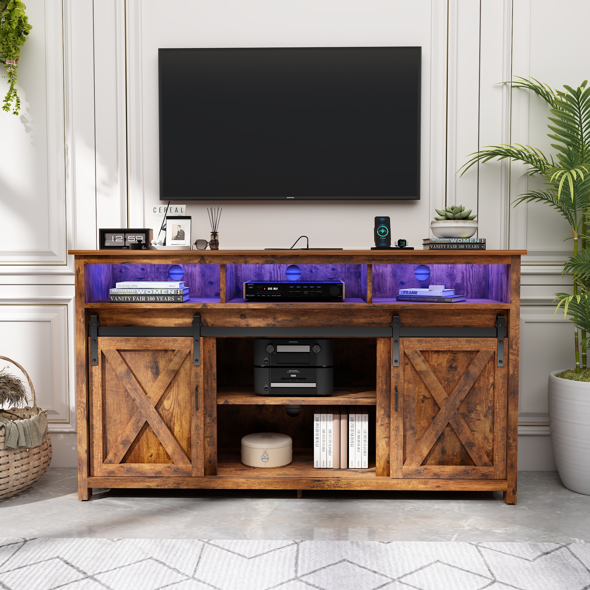 ANPOO Farmhouse TV Stand for 65 inch TVs, Rustic Entertainment Center TV Cabinet Stands with Power Outlets and LED lights