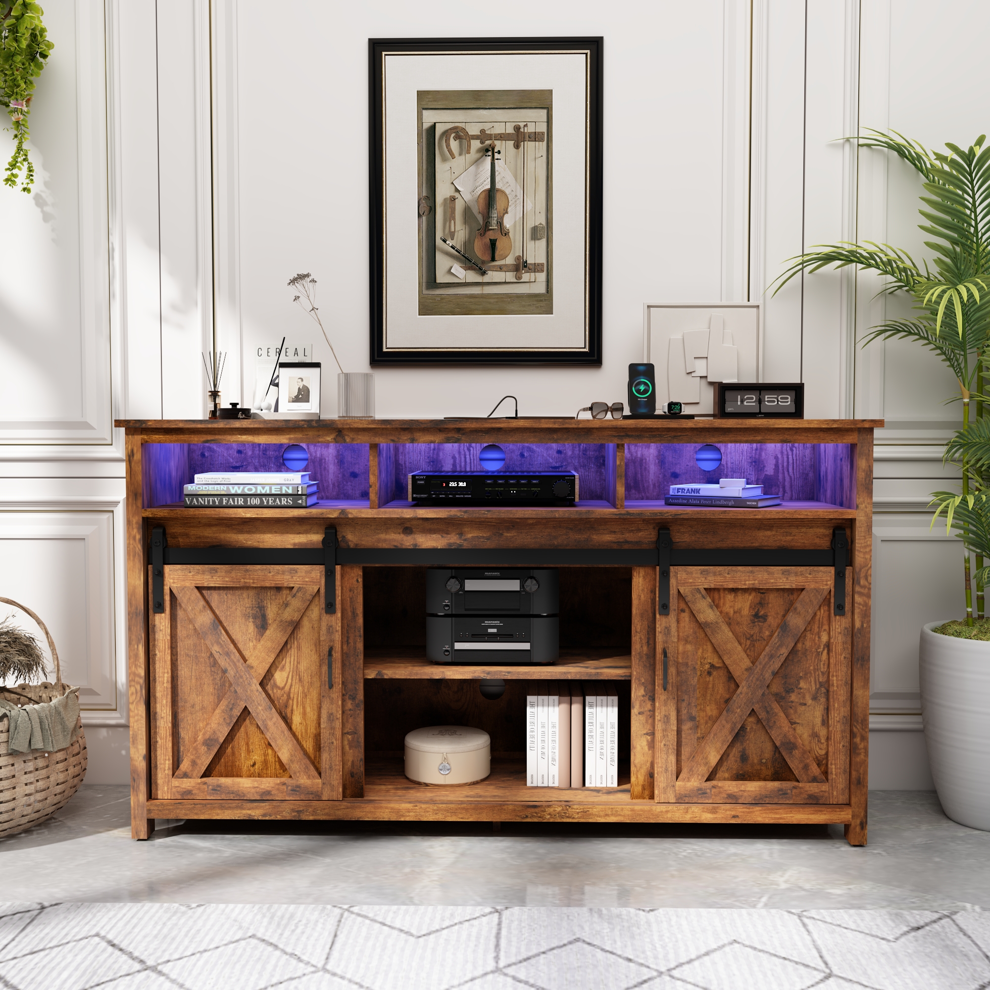 ANPOO Farmhouse TV Stand for 65 inch TVs, Rustic Entertainment Center TV Cabinet Stands with Power Outlets and LED lights