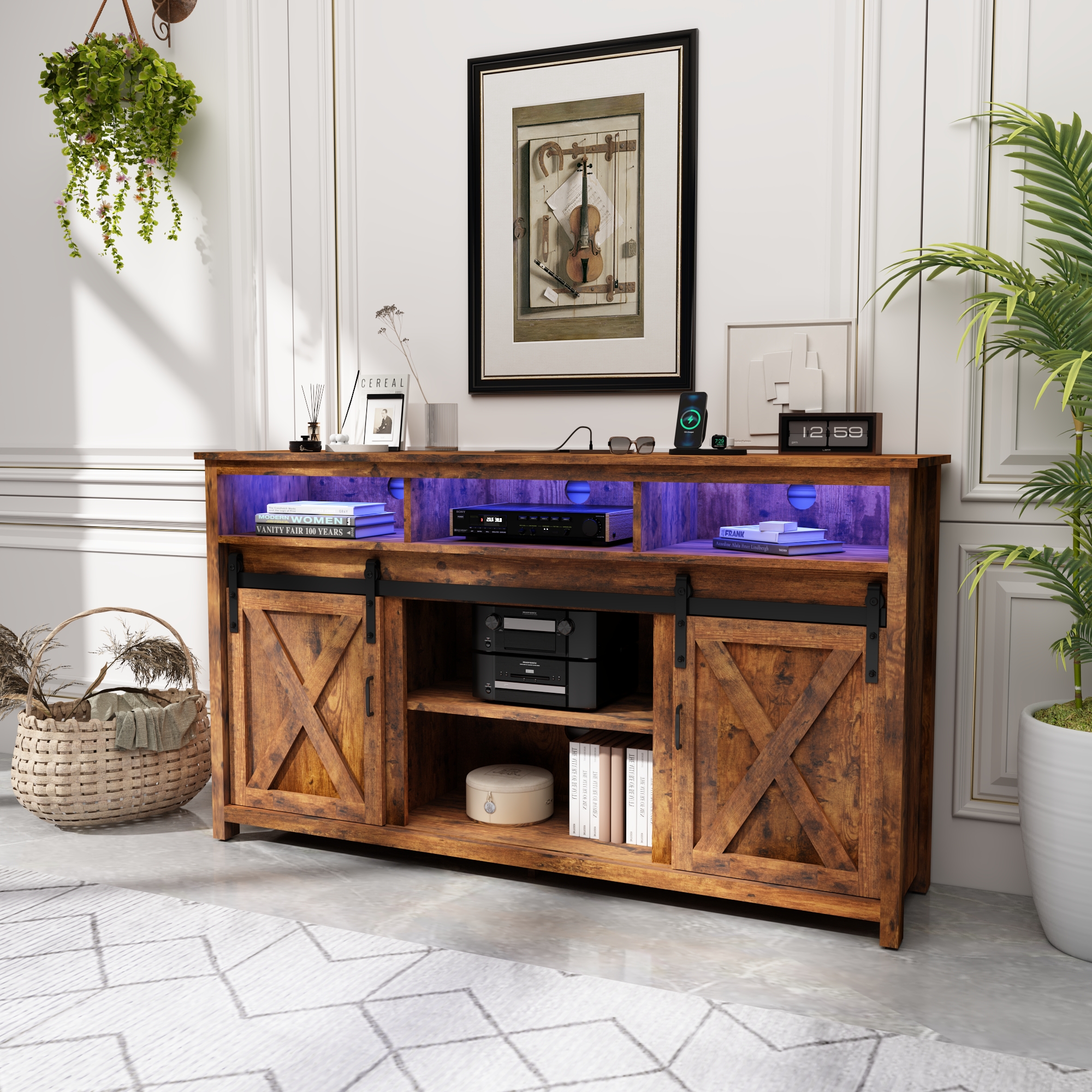 ANPOO Farmhouse TV Stand for 65 inch TVs, Rustic Entertainment Center TV Cabinet Stands with Power Outlets and LED lights