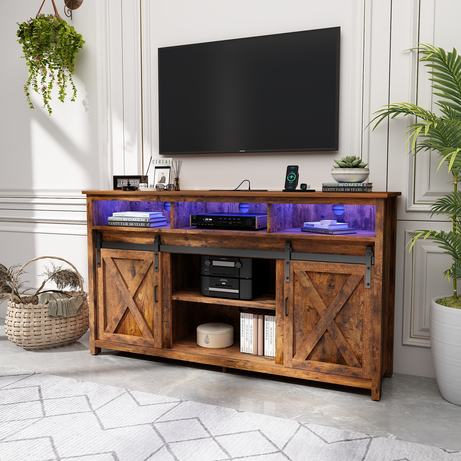 ANPOO Farmhouse TV Stand for 65 inch TVs, Rustic Entertainment Center TV Cabinet Stands with Power Outlets and LED lights