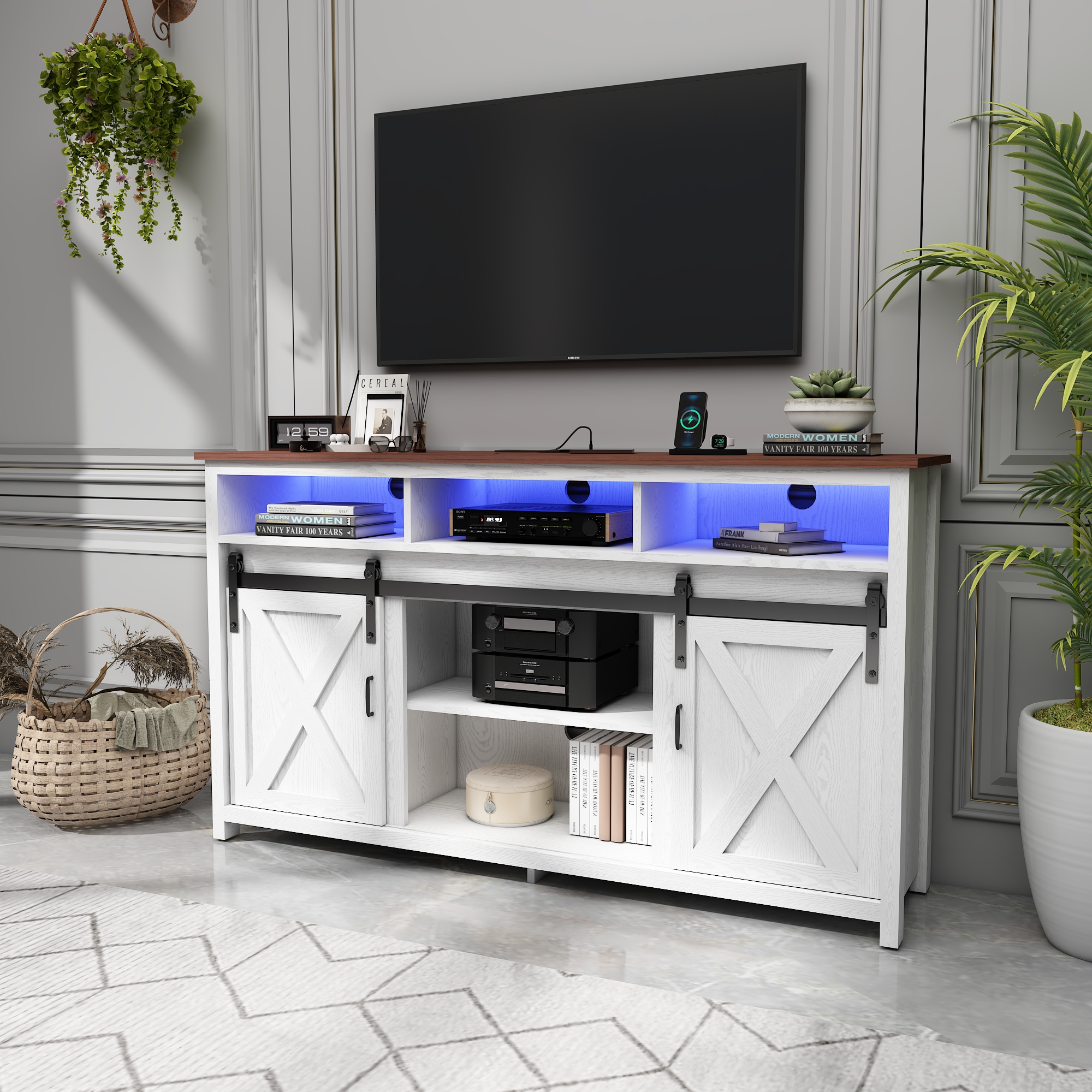 ANPOO Farmhouse TV Stand for 65 inch TVs, Rustic Entertainment Center TV Cabinet Stands with Power Outlets and LED lights