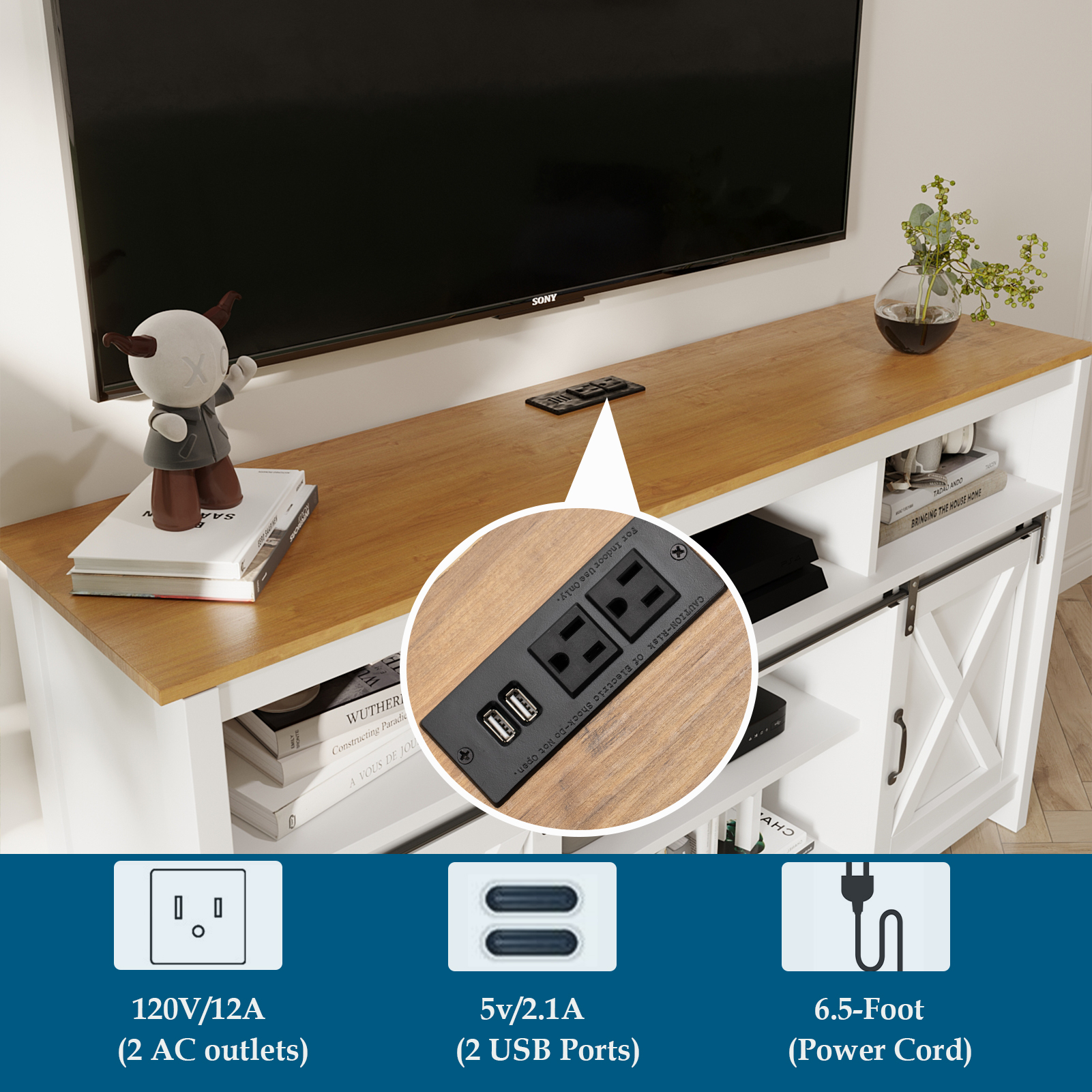 Farmhouse Barn Door TV Cabinet Up to 65" TV Media Console with Open Shelves Adjustable Storage, Entertainment Center with Power Outlets