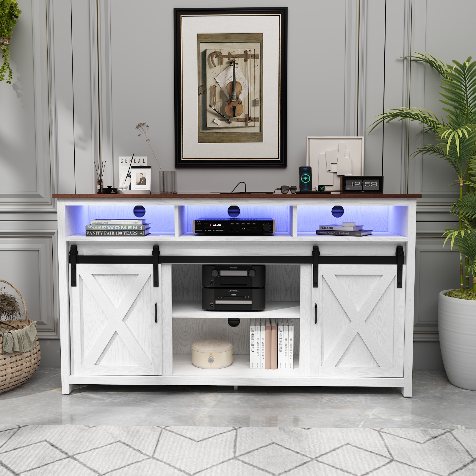 ANPOO Farmhouse TV Stand for 65 inch TVs, Rustic Entertainment Center TV Cabinet Stands with Power Outlets and LED lights