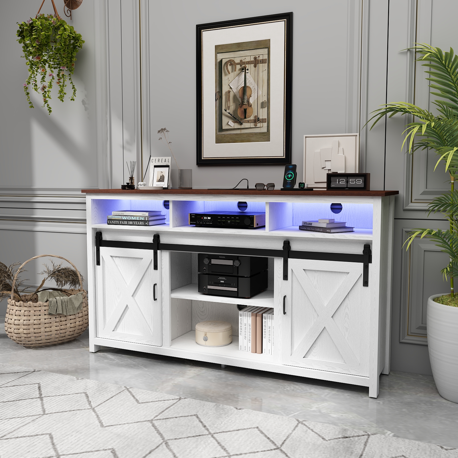 ANPOO Farmhouse TV Stand for 65 inch TVs, Rustic Entertainment Center TV Cabinet Stands with Power Outlets and LED lights