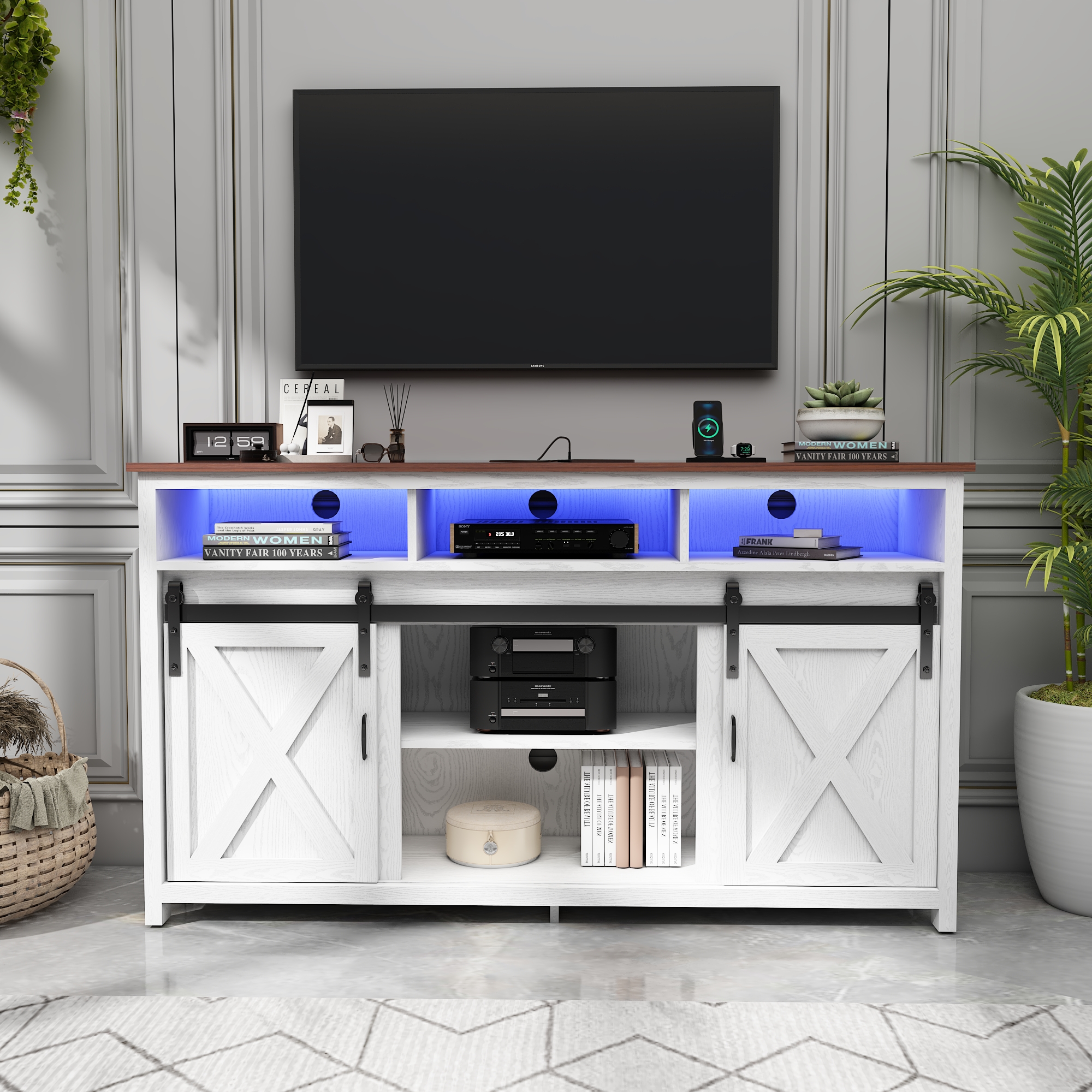 ANPOO Farmhouse TV Stand for 65 inch TVs, Rustic Entertainment Center TV Cabinet Stands with Power Outlets and LED lights
