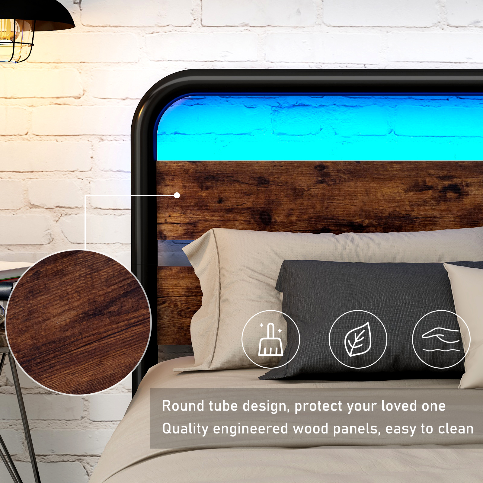 ChVans LED Full Size Bed Frame with Wood Headboard & Footboard, Heavy Duty Metal Bed Frame with LED Lights & Under-Bed Storage, Noise Free, No Box Spring Needed, Brown