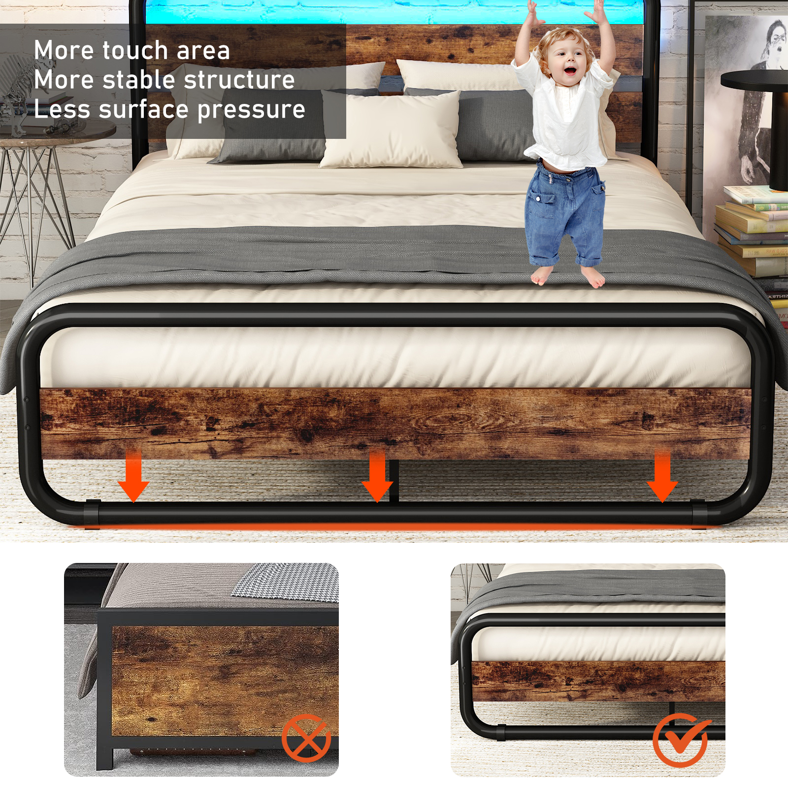 ChVans LED Full Size Bed Frame with Wood Headboard & Footboard, Heavy Duty Metal Bed Frame with LED Lights & Under-Bed Storage, Noise Free, No Box Spring Needed, Brown