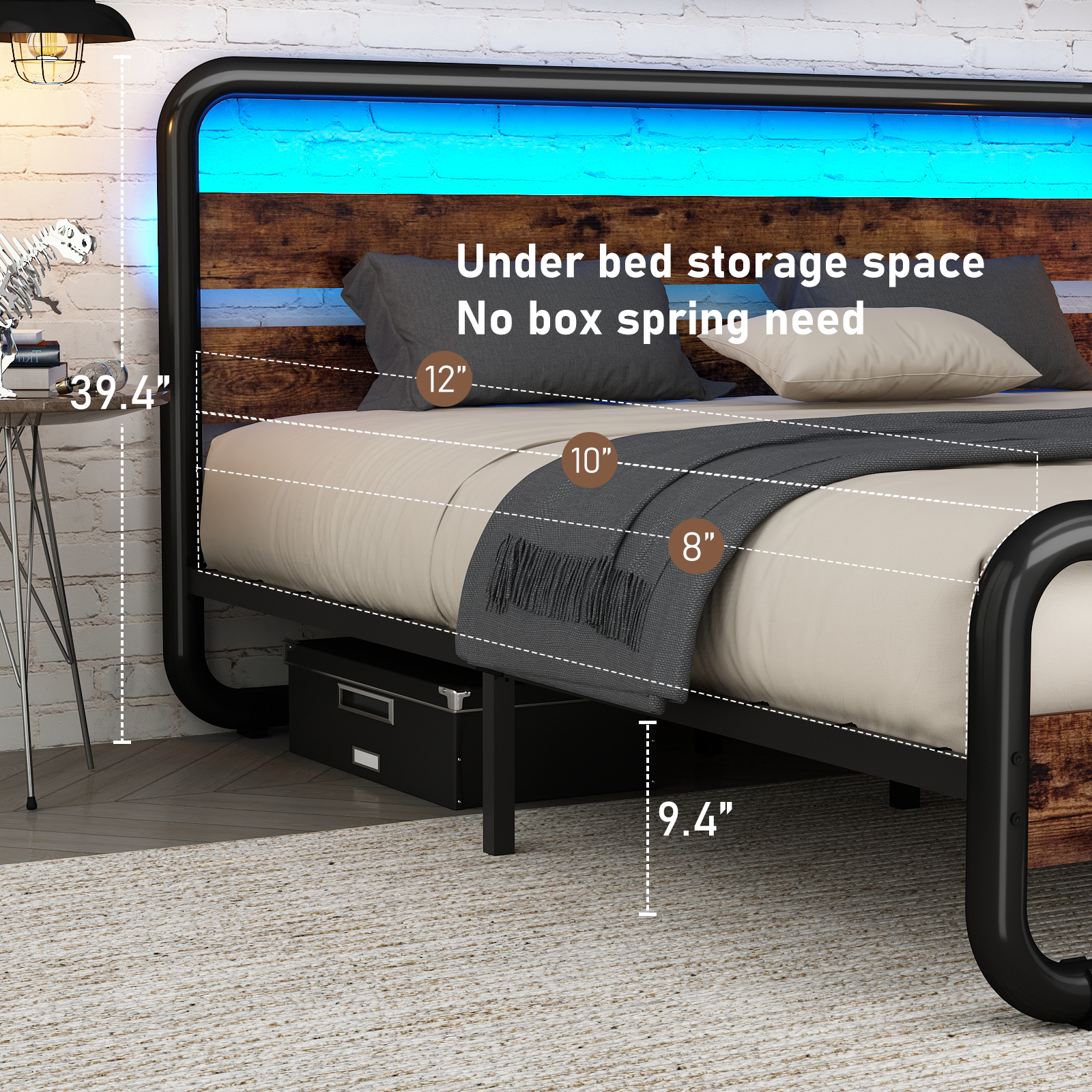 ChVans LED Full Size Bed Frame with Wood Headboard & Footboard, Heavy Duty Metal Bed Frame with LED Lights & Under-Bed Storage, Noise Free, No Box Spring Needed, Brown