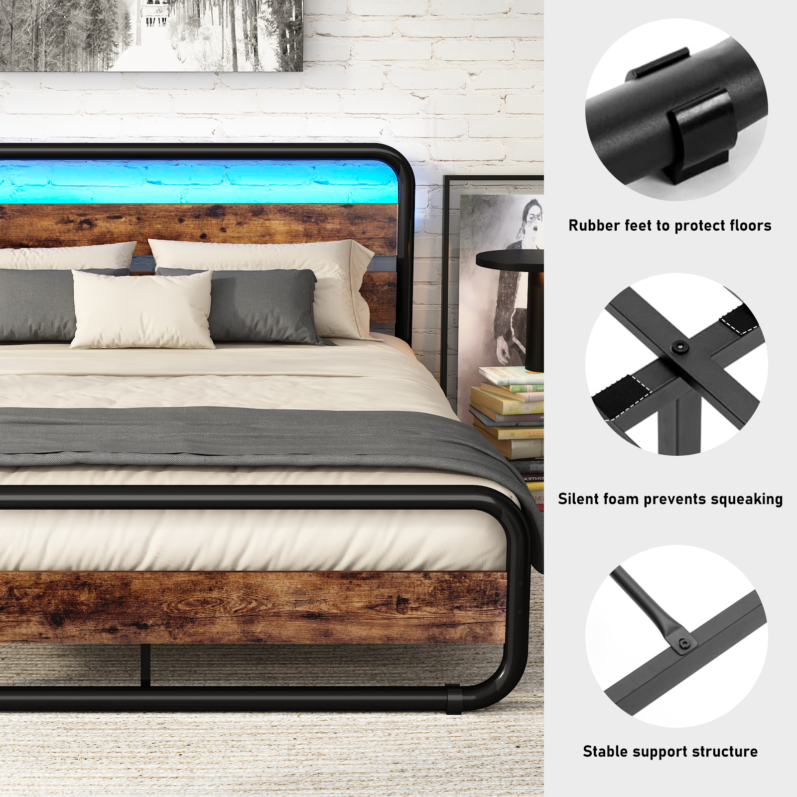 ChVans LED Full Size Bed Frame with Wood Headboard & Footboard, Heavy Duty Metal Bed Frame with LED Lights & Under-Bed Storage, Noise Free, No Box Spring Needed, Brown