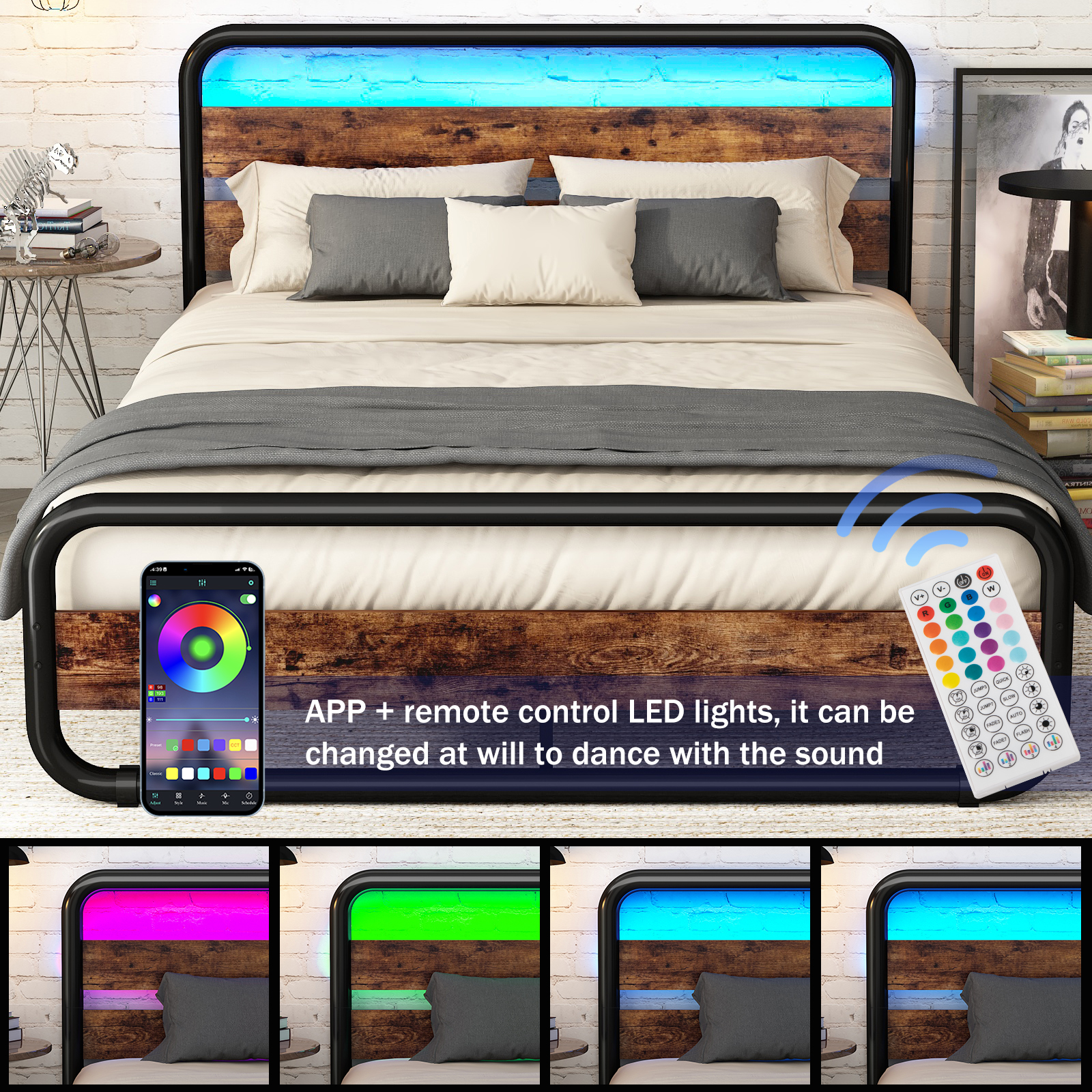 ChVans LED Full Size Bed Frame with Wood Headboard & Footboard, Heavy Duty Metal Bed Frame with LED Lights & Under-Bed Storage, Noise Free, No Box Spring Needed, Brown